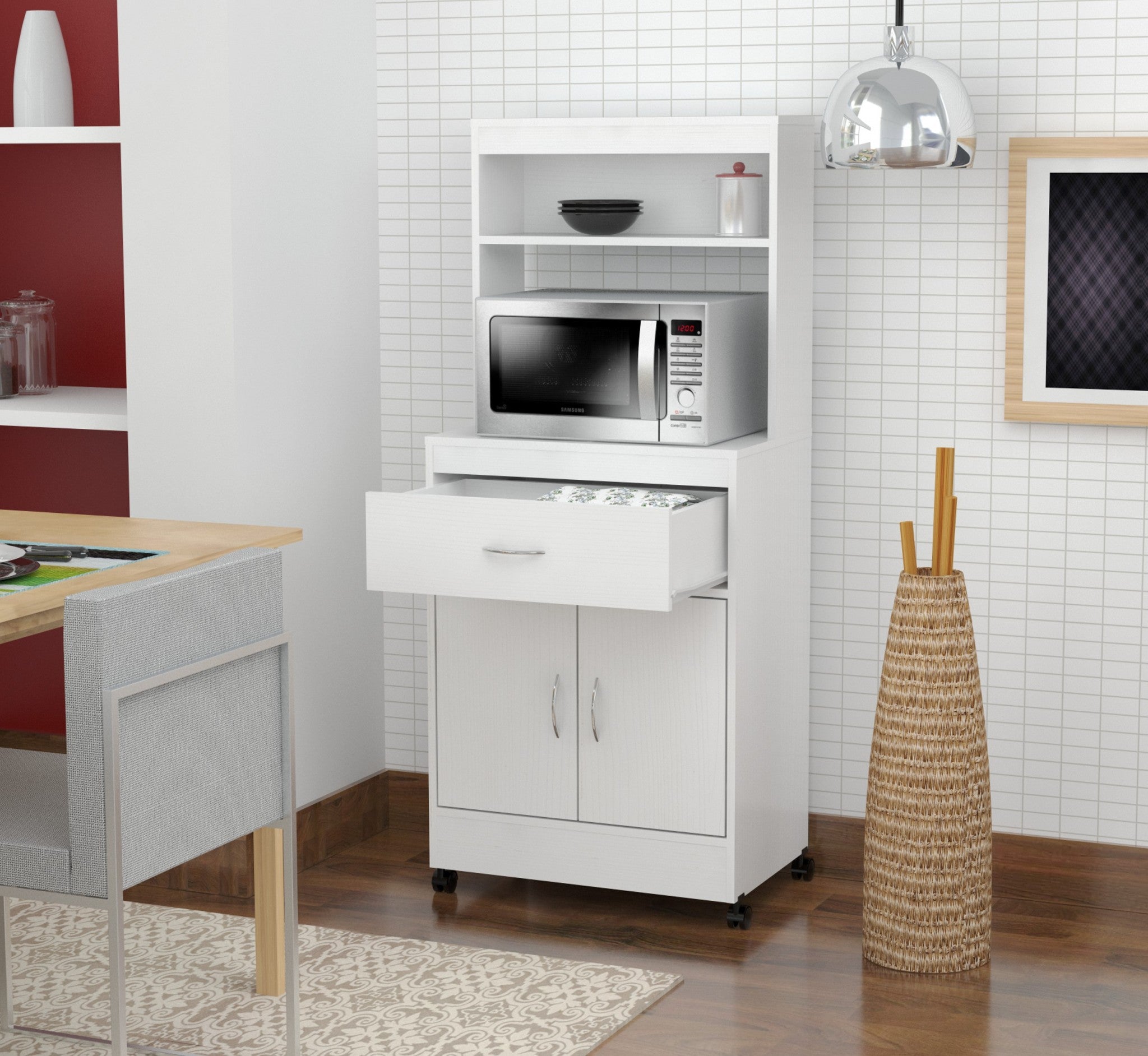 White Finish Wood Microwave Cabinet With Two Doors And Drawer