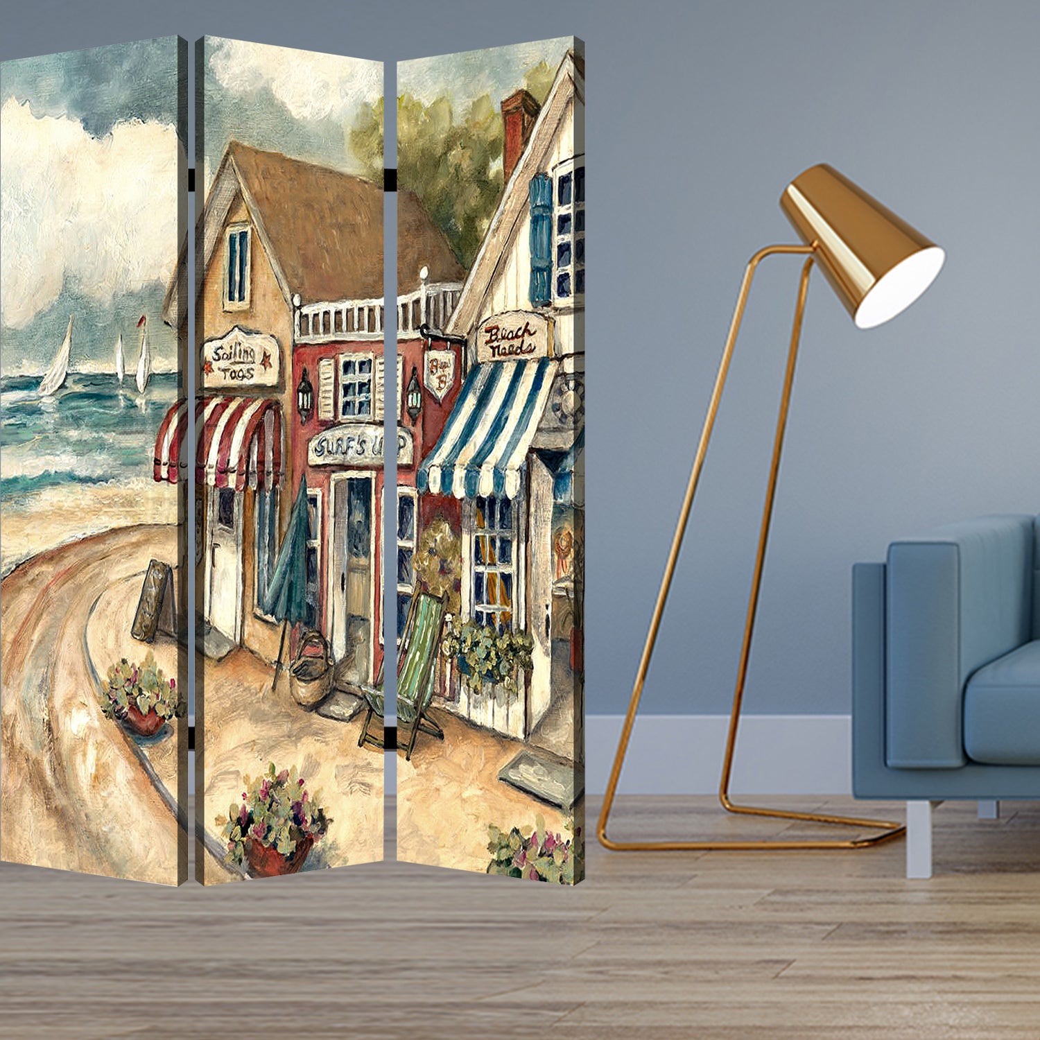 48 X 72 Multi Color Wood Canvas Seaside Town Slate  Screen