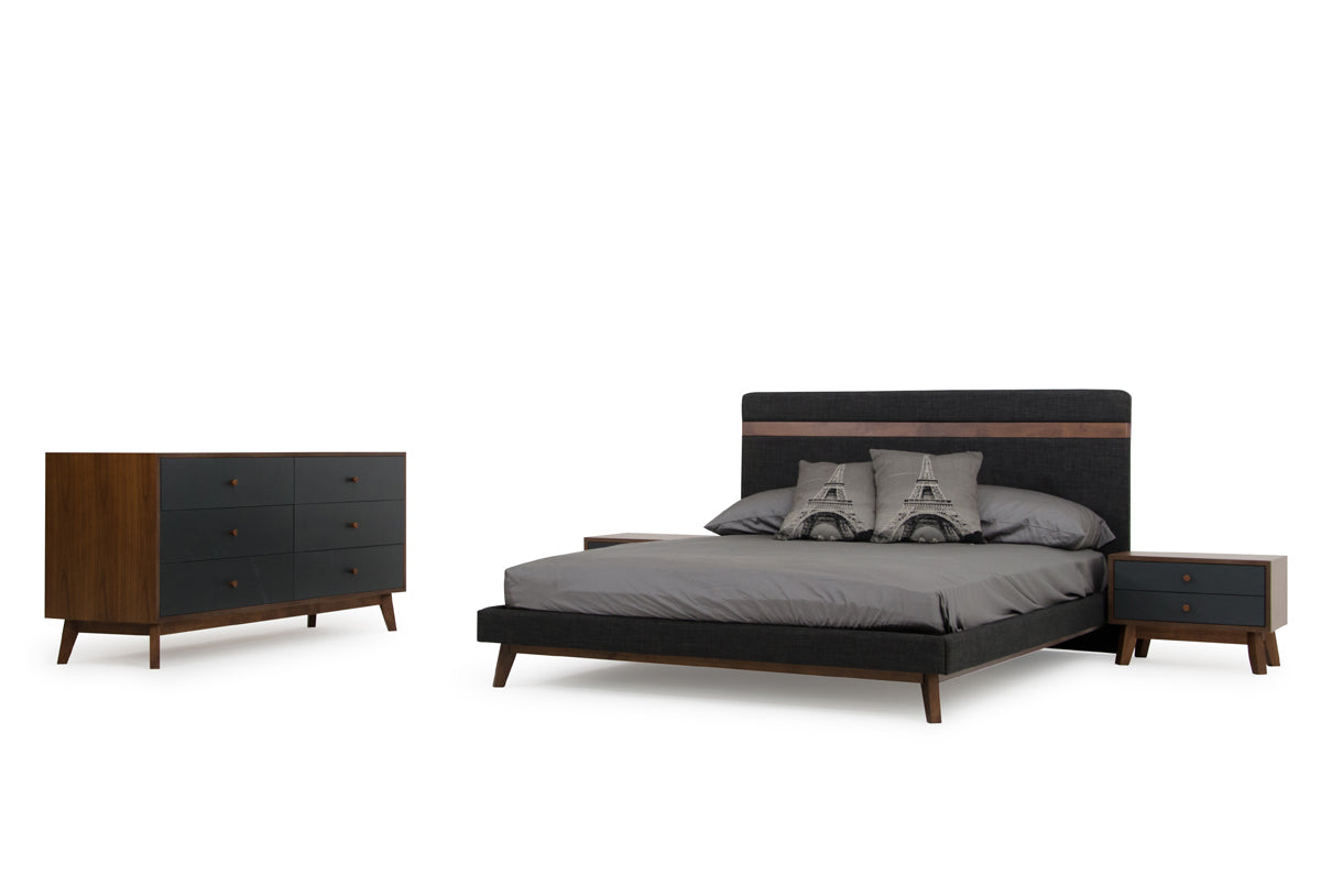 Modern Grey Fabric & Walnut Eastern King Bed