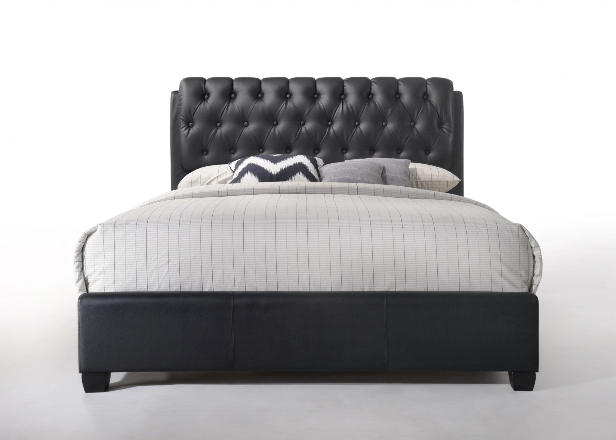 King Tufted Black Upholstered Faux Leather Bed With Nailhead Trim