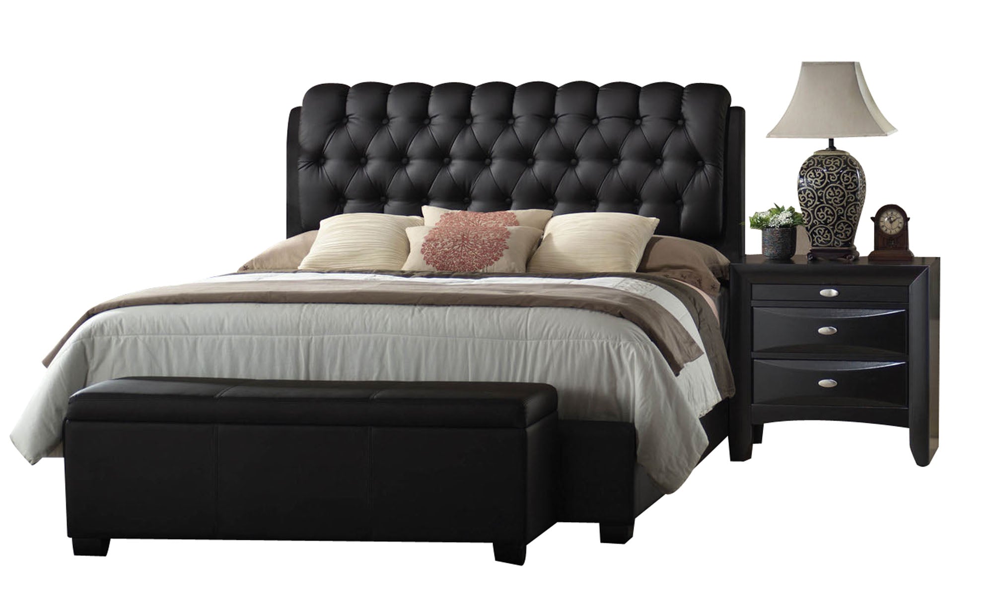 King Tufted Black Upholstered Faux Leather Bed With Nailhead Trim