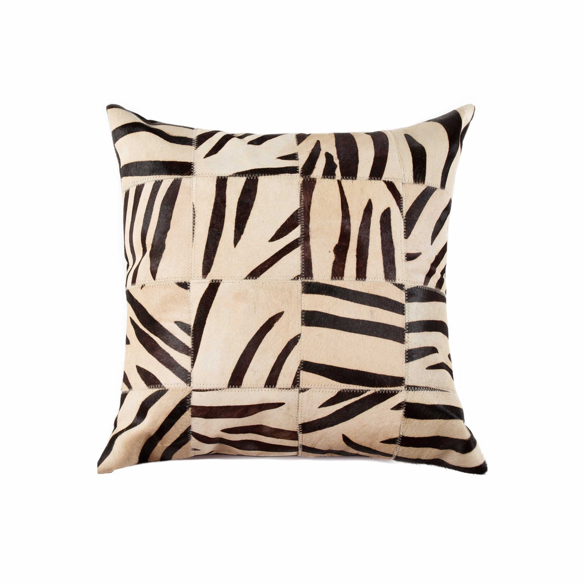 18" X 18" X 5" Zebra Black On White Patchwork Cowhide  Pillow