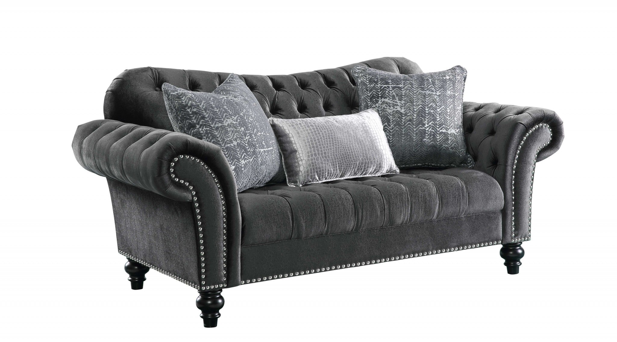 79" Gray And Black Velvet Loveseat and Toss Pillows