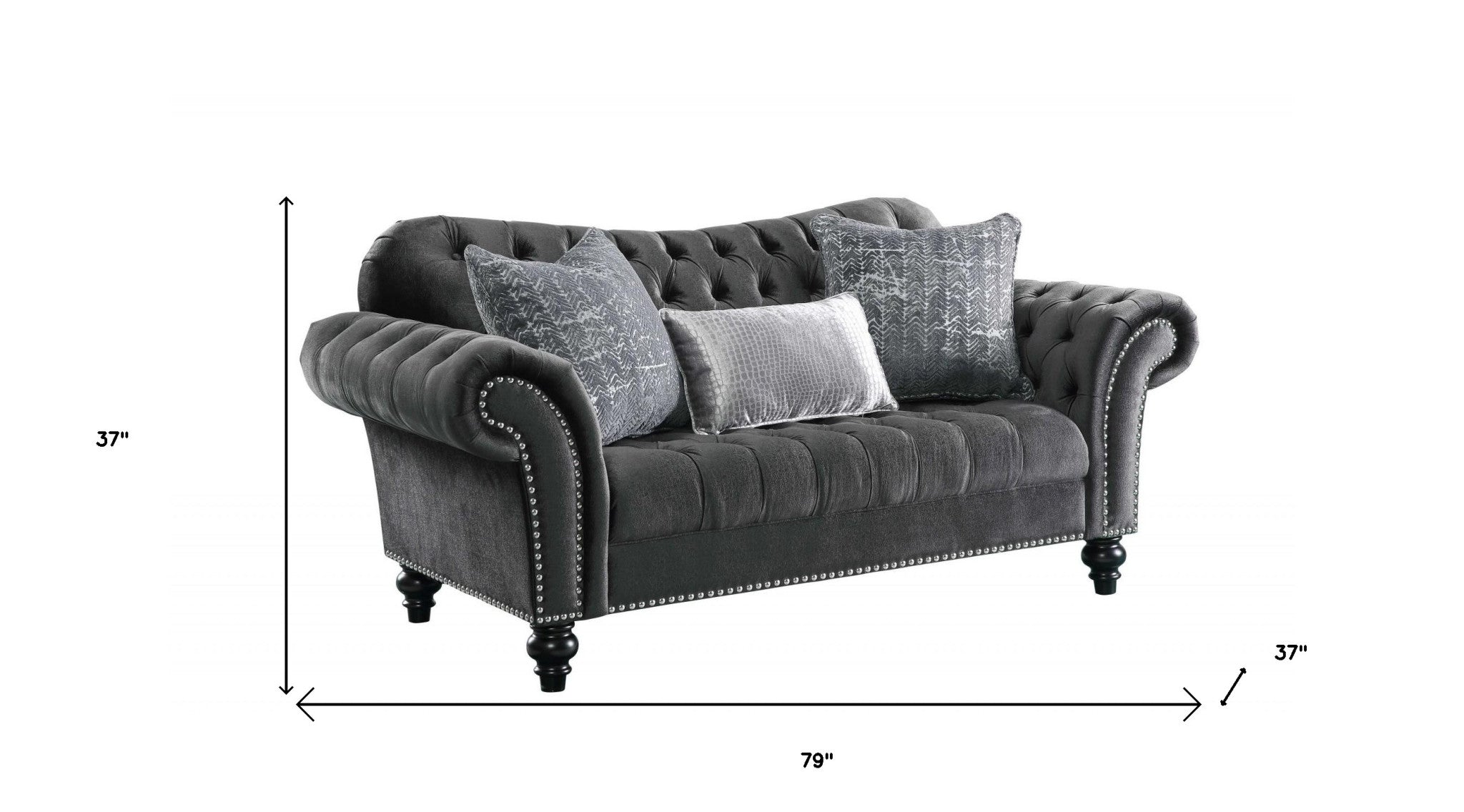 79" Gray And Black Velvet Loveseat and Toss Pillows