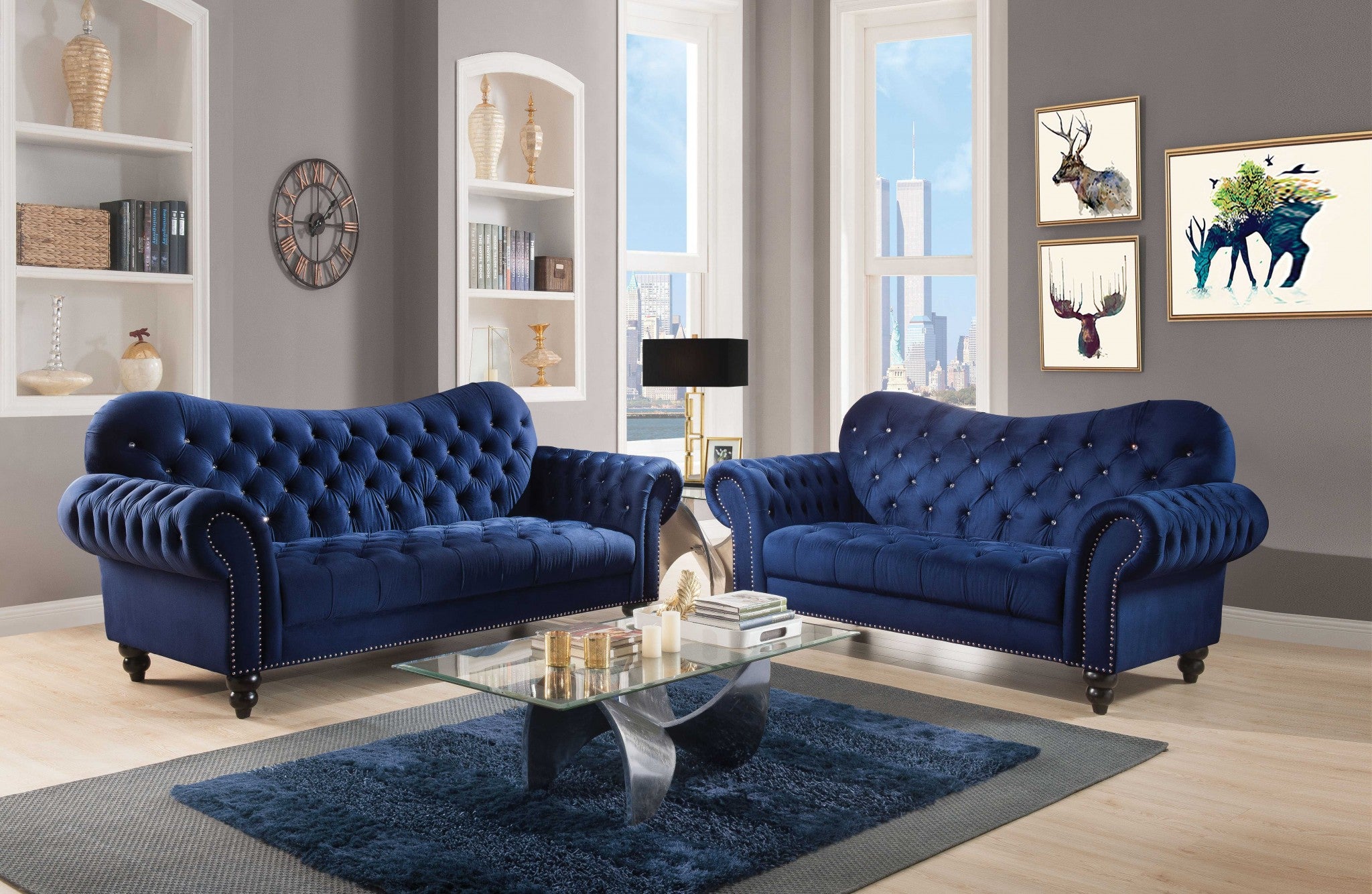 76" Navy Blue And Black Velvet Loveseat