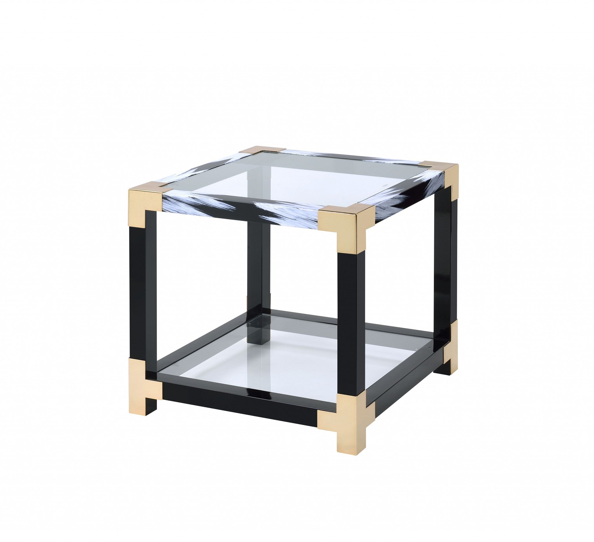 25" Black and Gold And Clear Glass Square End Table With Shelf With Magazine Holder