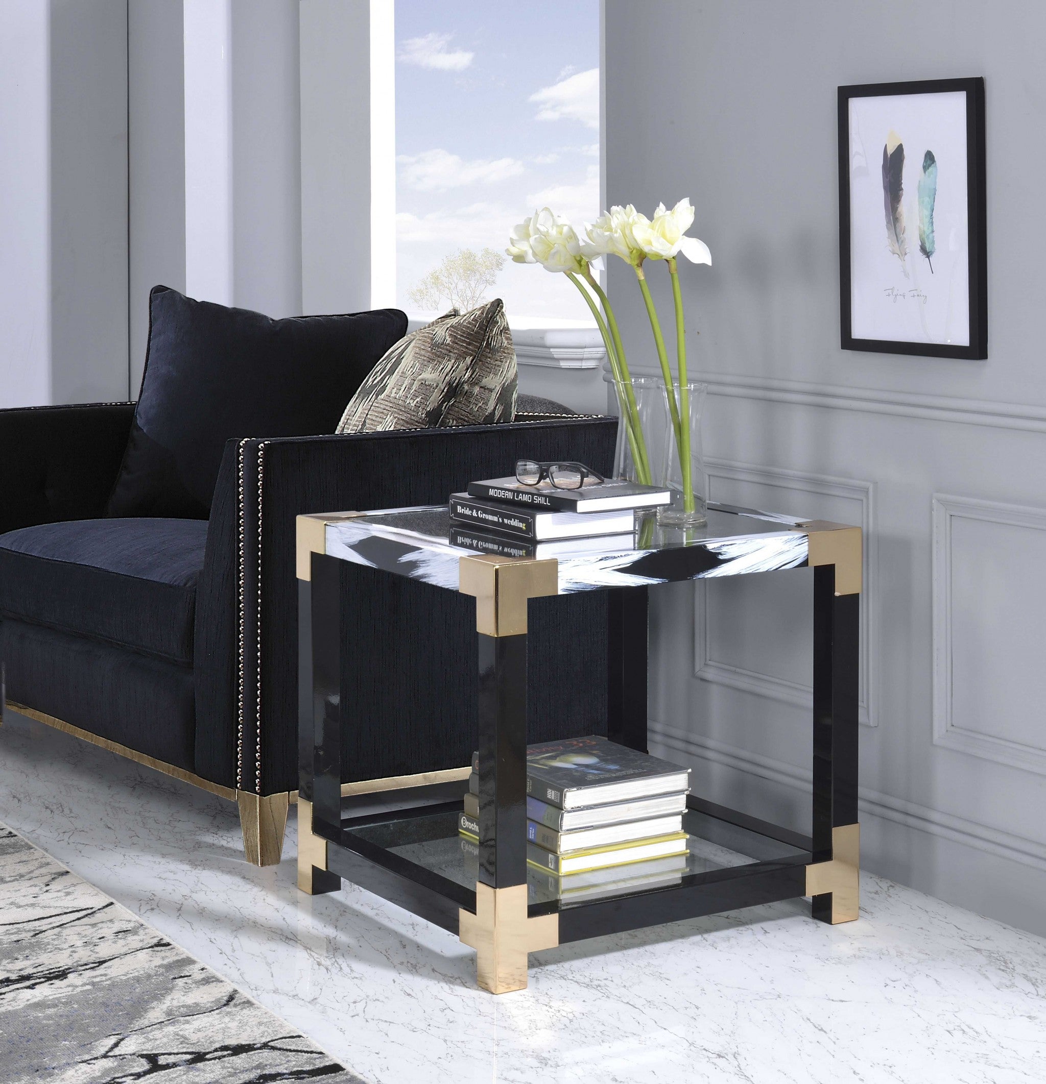 25" Black and Gold And Clear Glass Square End Table With Shelf With Magazine Holder