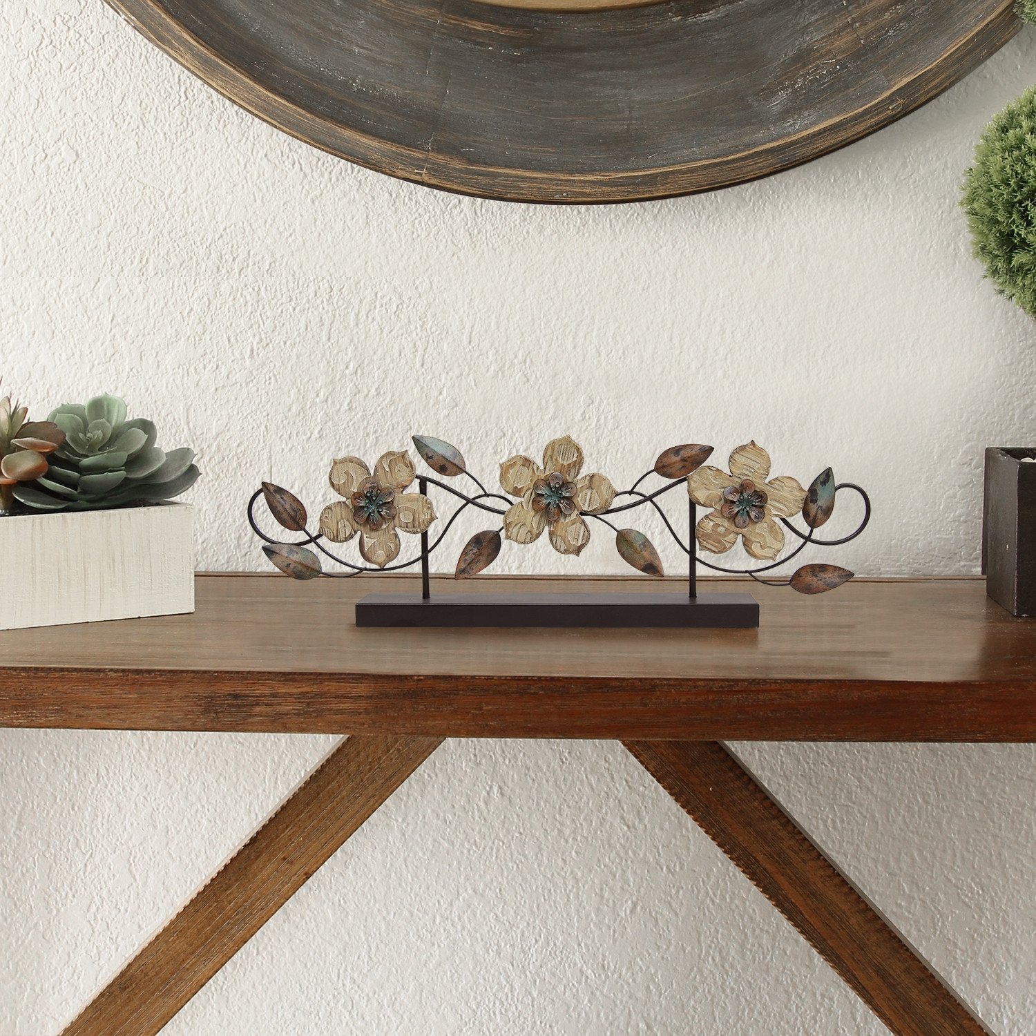 Stamped Wood And Metal Flower Table Top