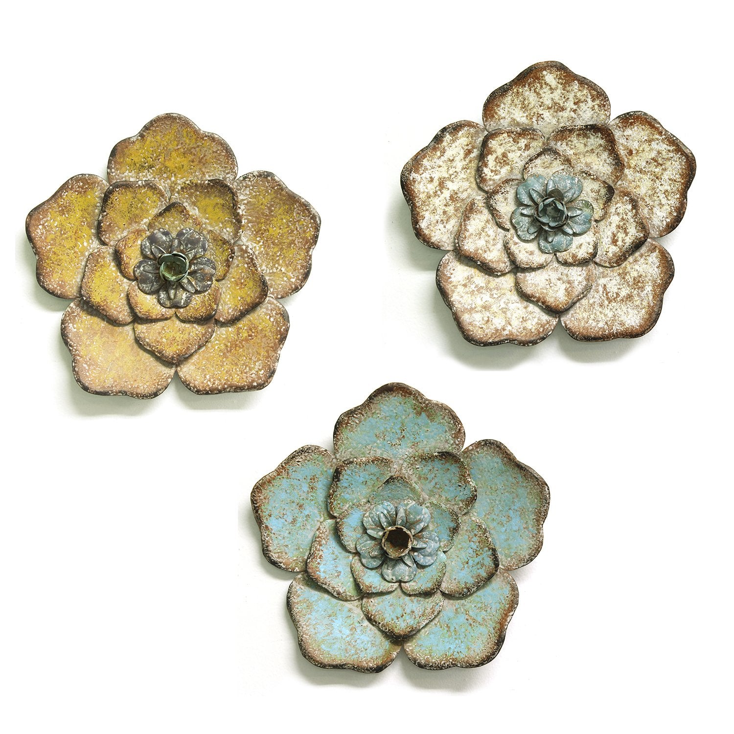 Set Of 3 Teal Yellow Ivory Chic Metal Flowers Wall Art Decor