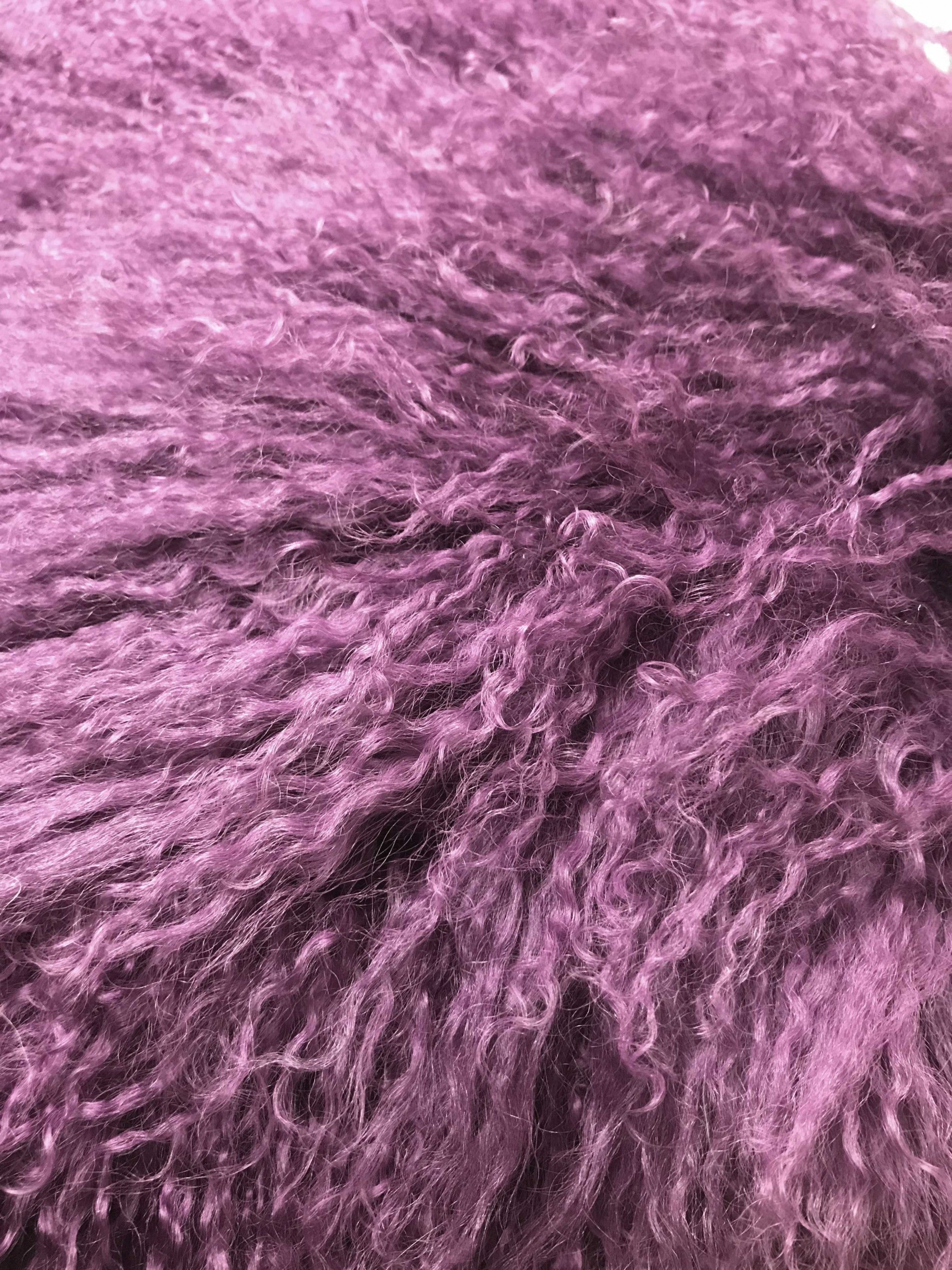 17" Purple Genuine Tibetan Lamb Fur Pillow With Microsuede Backing