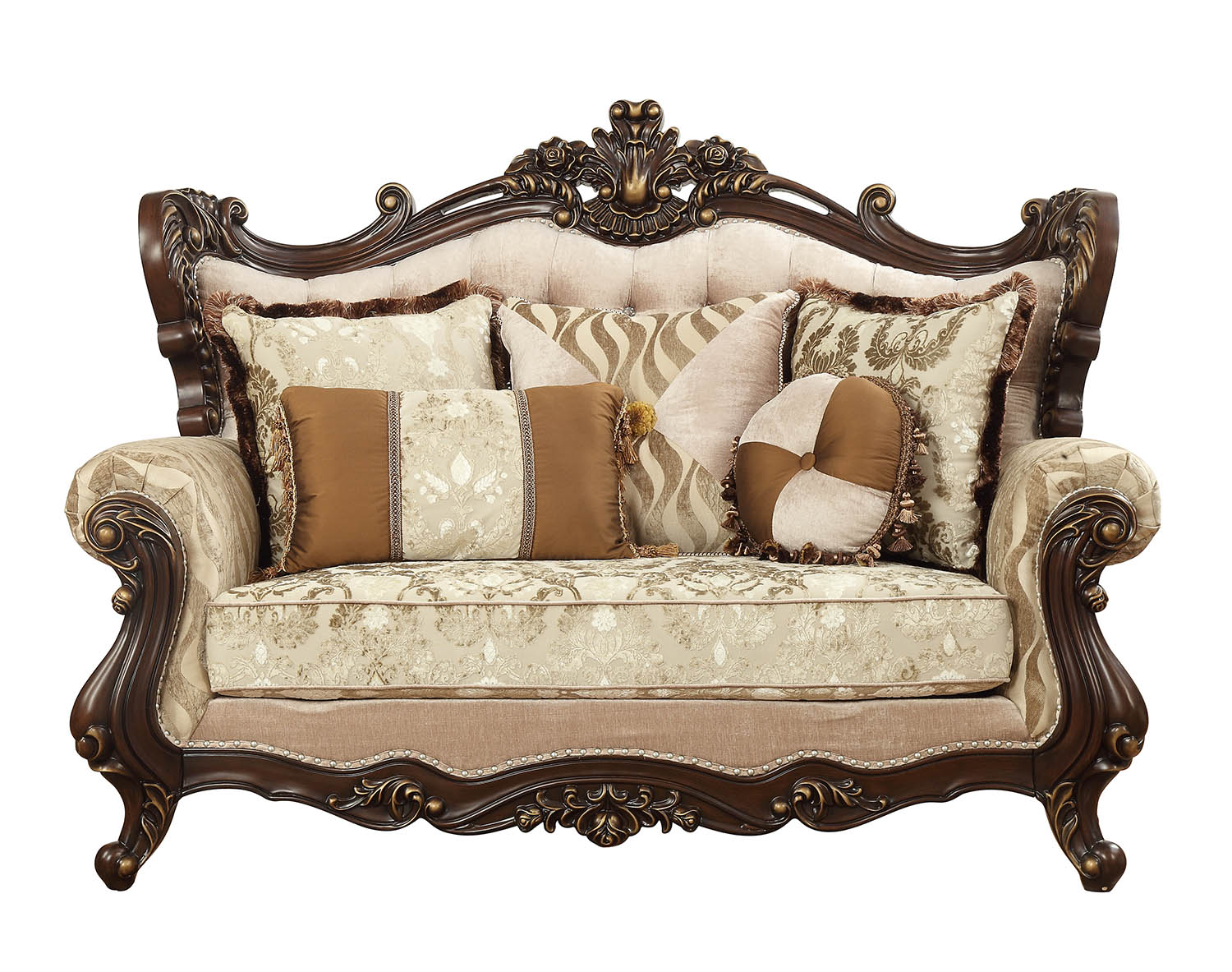 70" Beige and Brown And Brown Polyester Blend Damask Loveseat and Toss Pillows