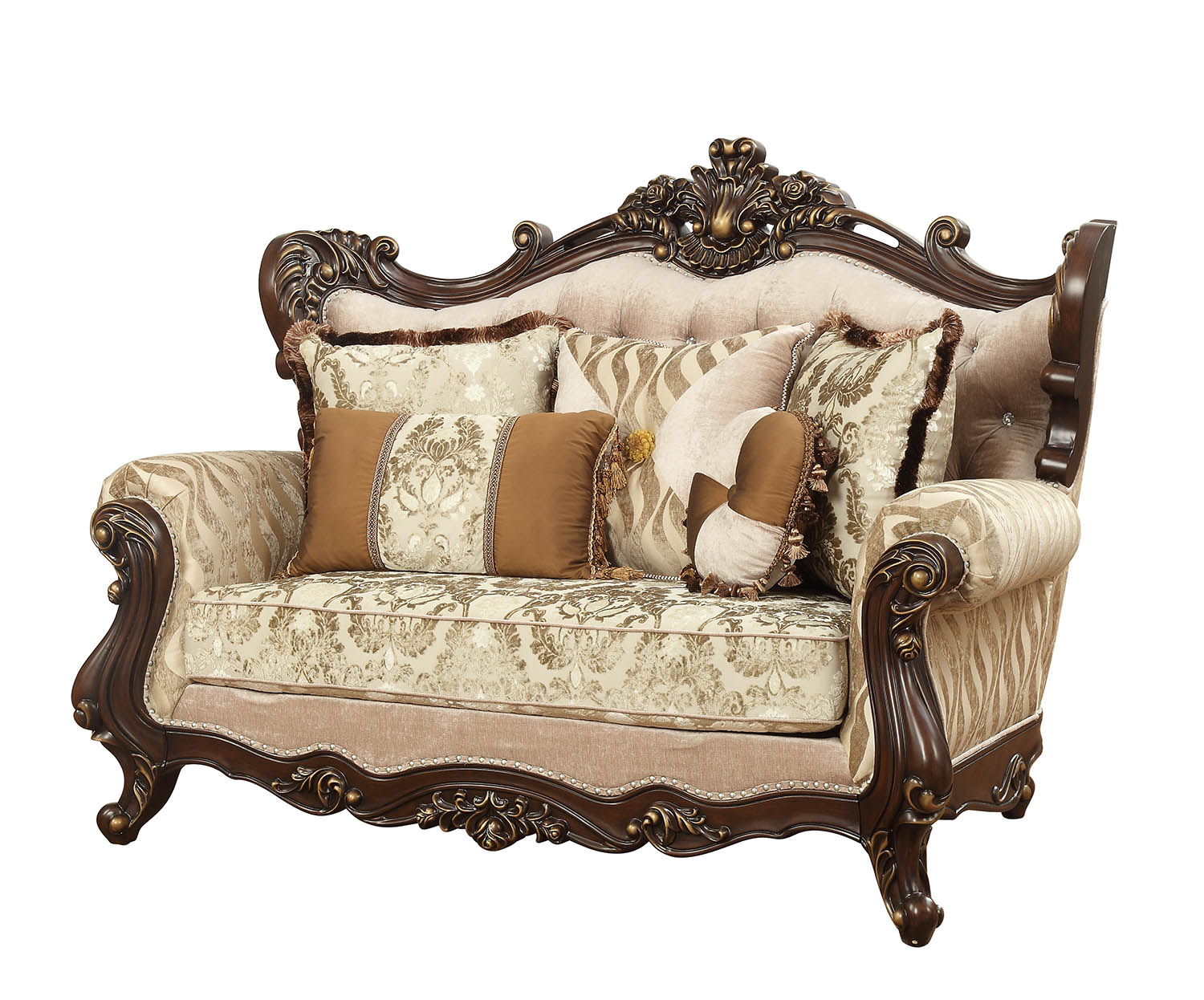 70" Beige and Brown And Brown Polyester Blend Damask Loveseat and Toss Pillows