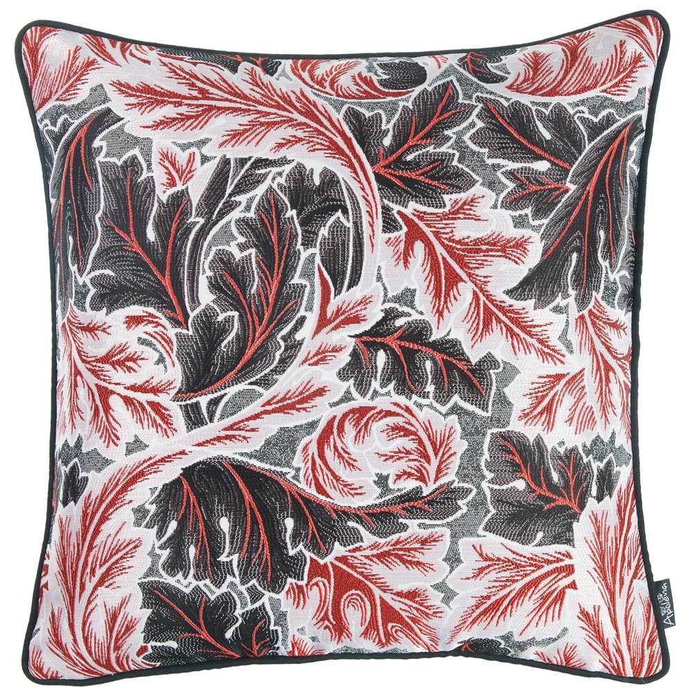 Black Red And White Jacquard Leaf Decorative Throw Pillow Cover