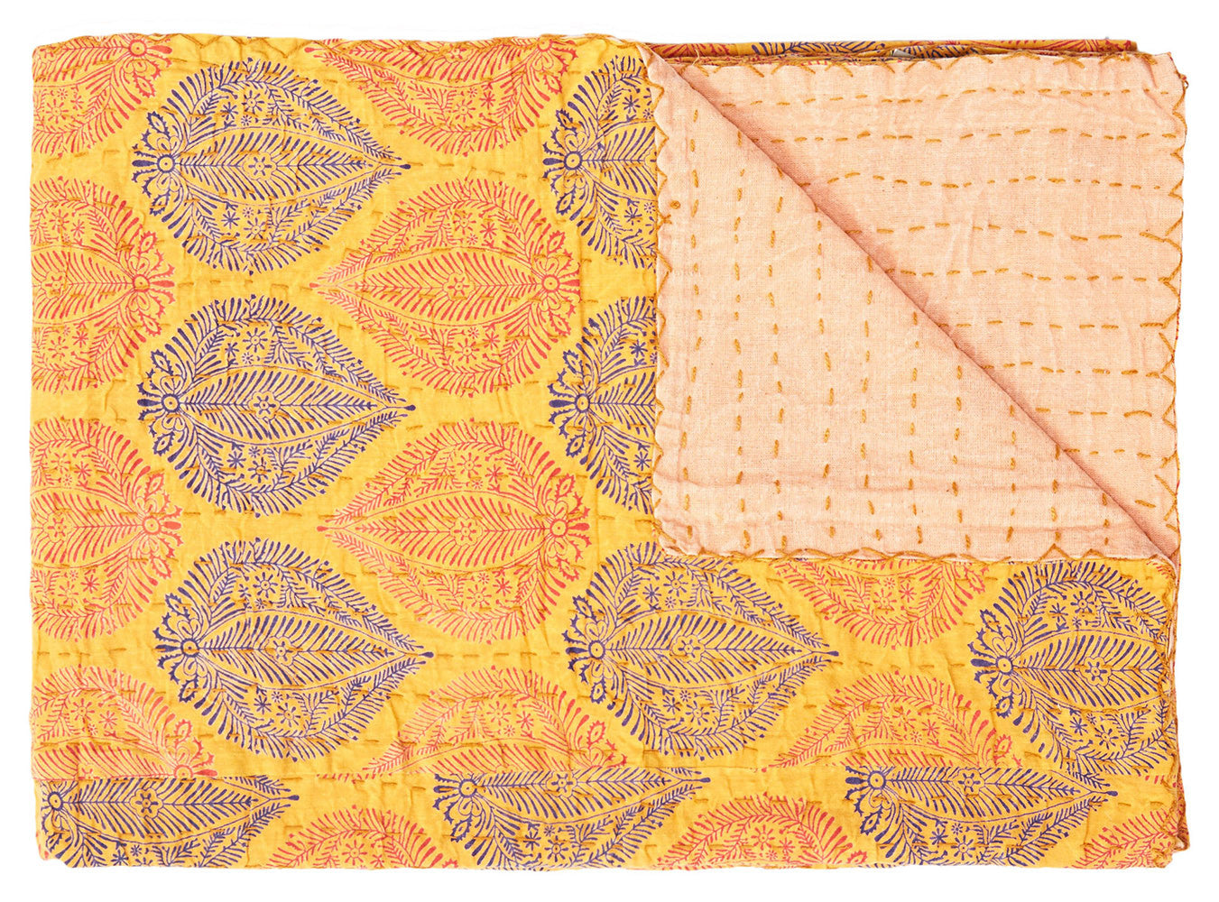 50" X 70" Yellow and Peach Kantha Cotton Patchwork Throw Blanket with Embroidery