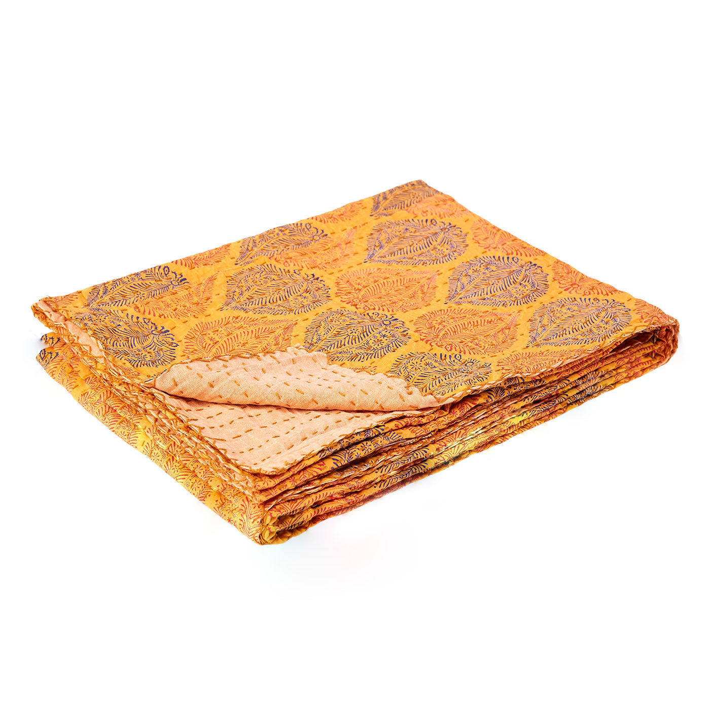 50" X 70" Yellow and Peach Kantha Cotton Patchwork Throw Blanket with Embroidery