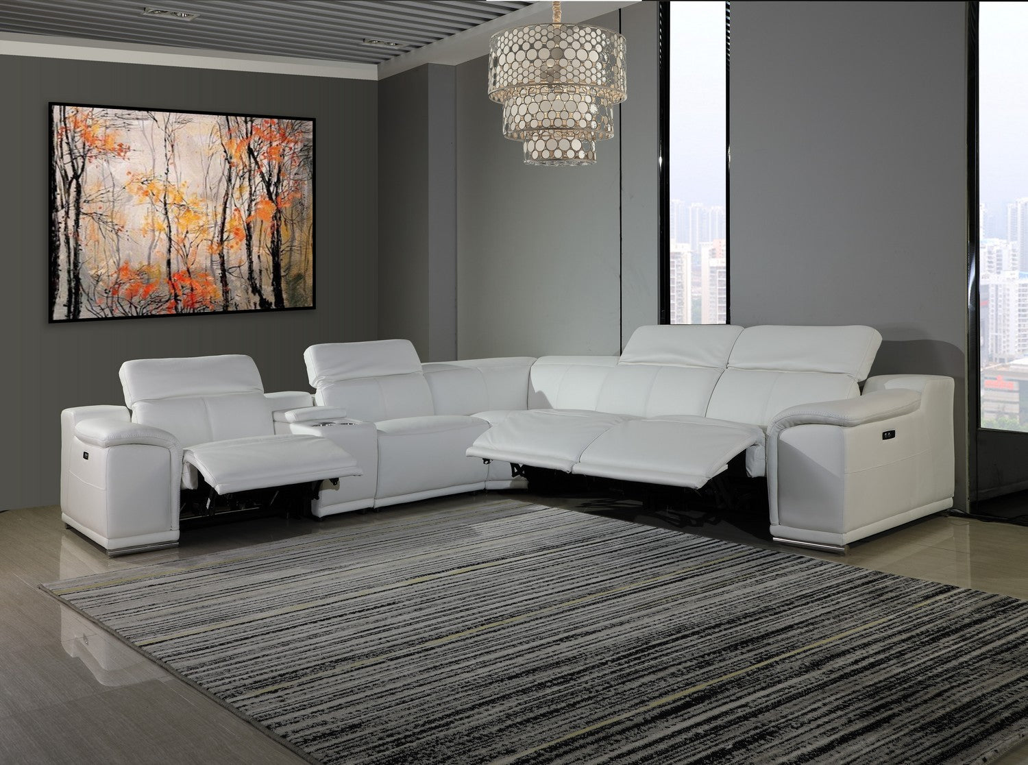 White Italian Leather Power Reclining U Shaped Six Piece Corner Sectional With Console