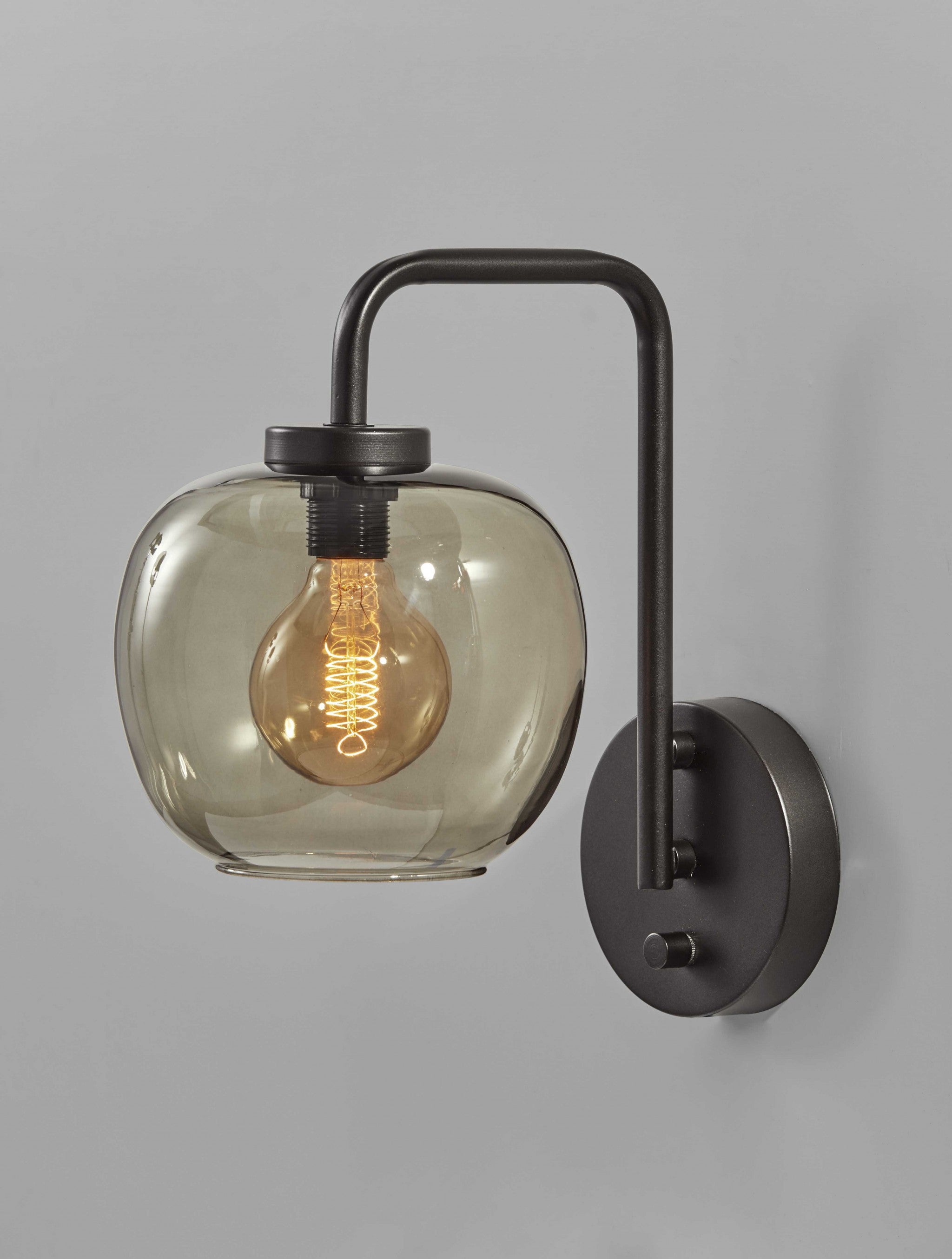 Smoked Glass Globe Shade With Vintage Edison Bulb And Matte Black Metal Wall Lamp