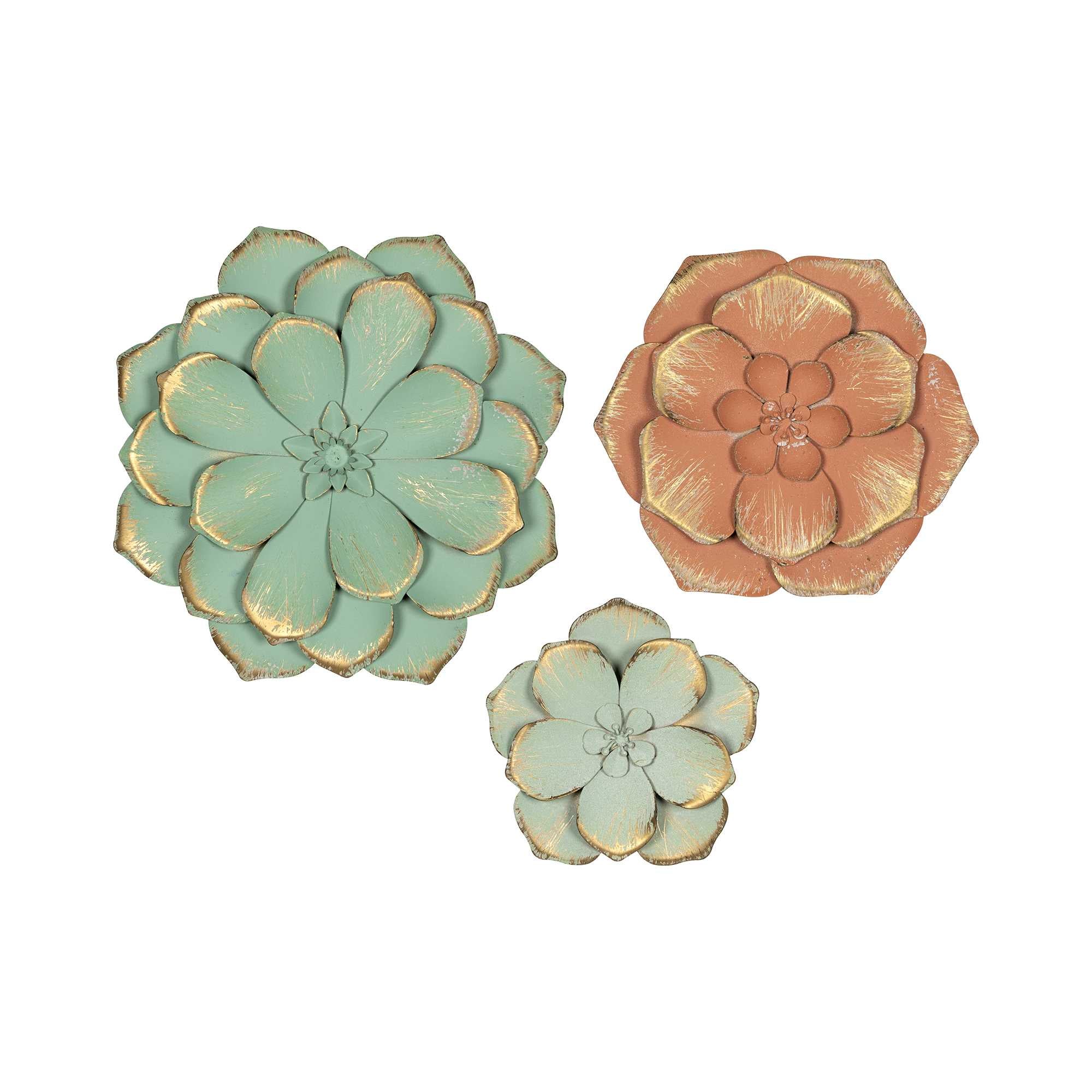 Set of Three Green Orange and Gold Metal Flowers Wall Decor