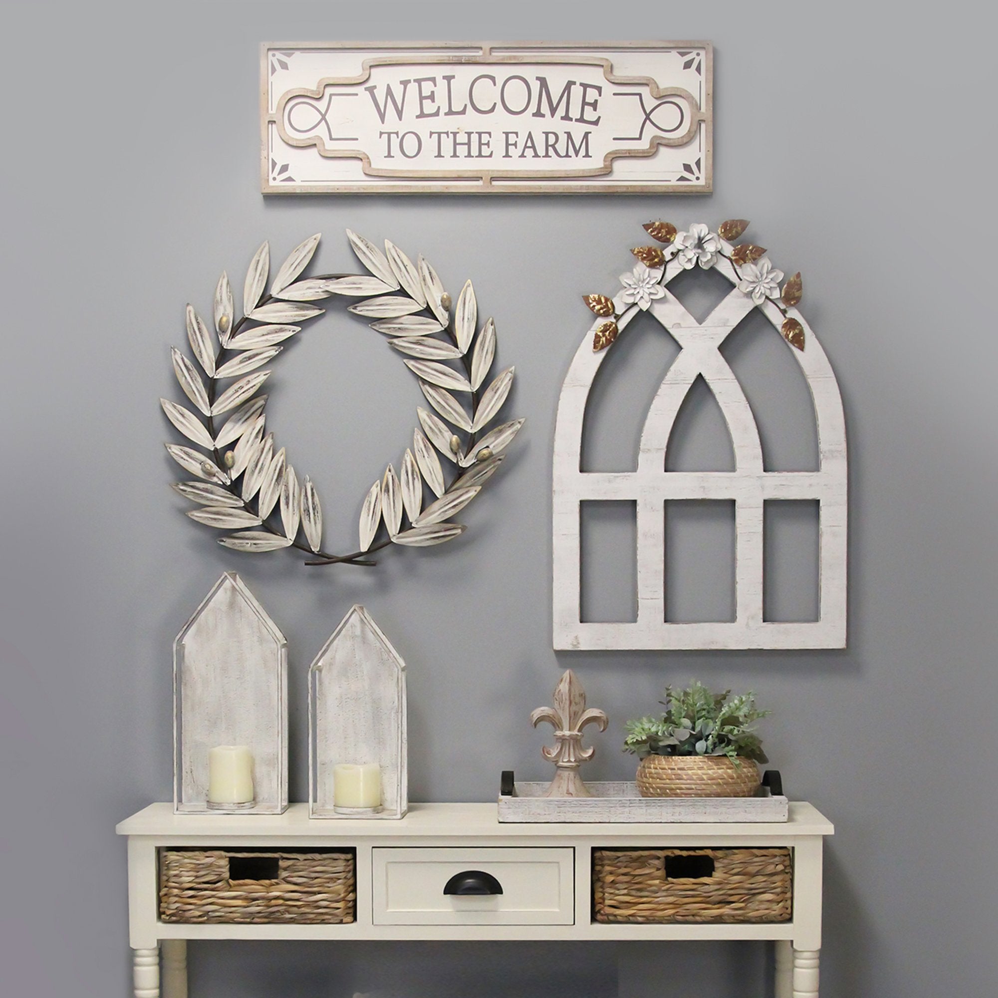 Distressed White Metal Wreath Wall Decor