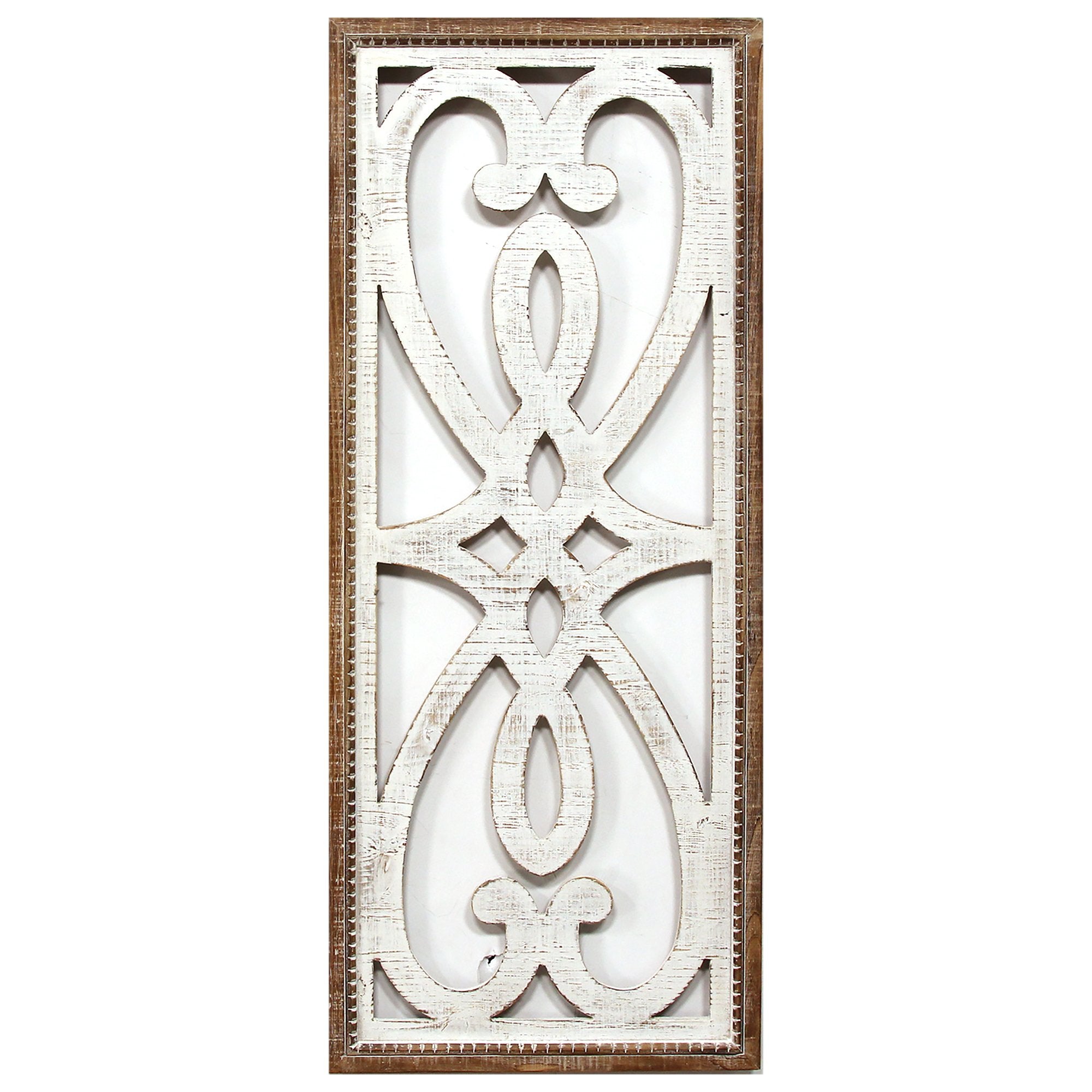 34" X 14" Brown and White Heart and Fleur de Lis Wood Wall Decor