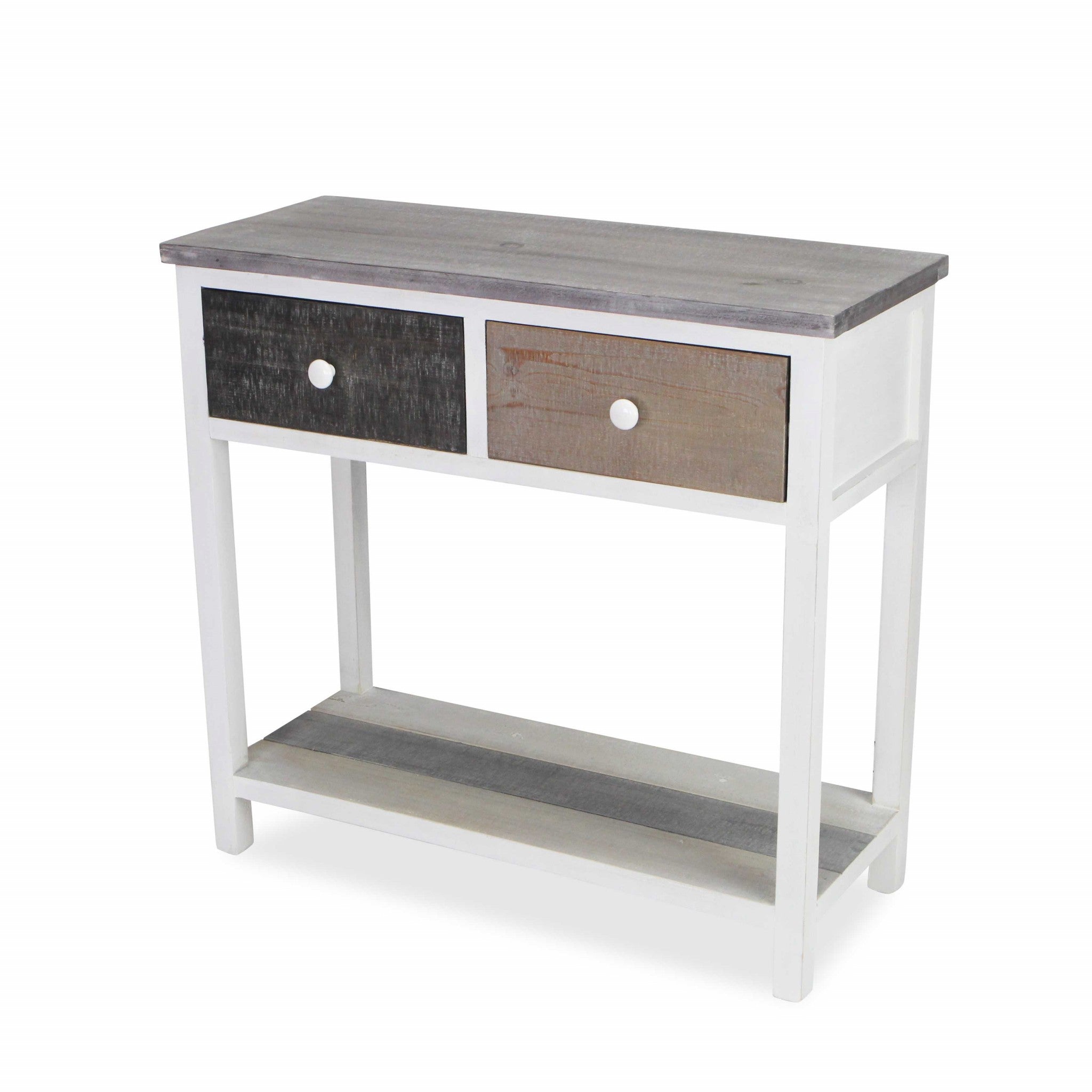 Distressed Gray And White Table With 2 Drawers And Bottom Shelf