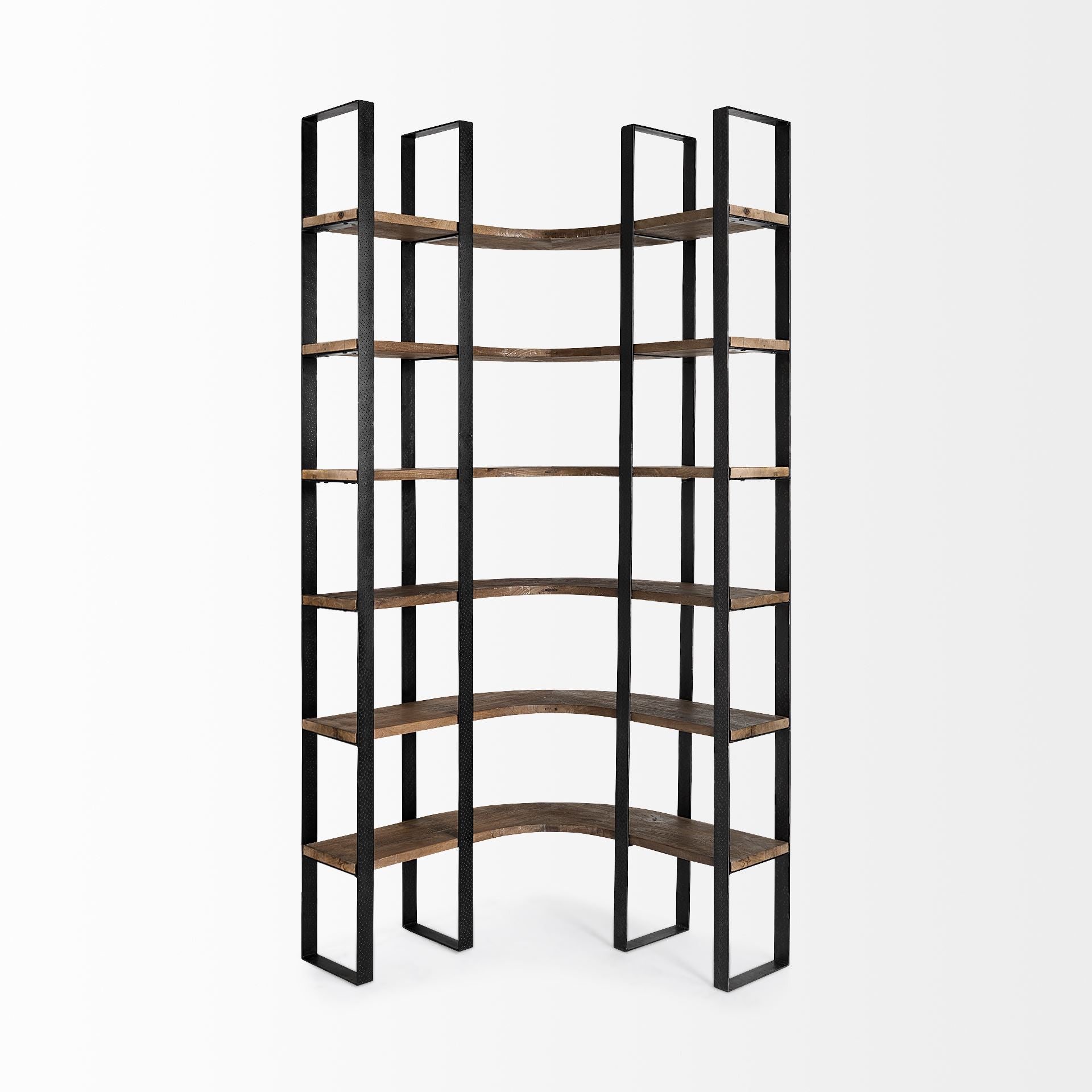 Curved Dark Brown Wood And Black Iron 6 Shelving Unit