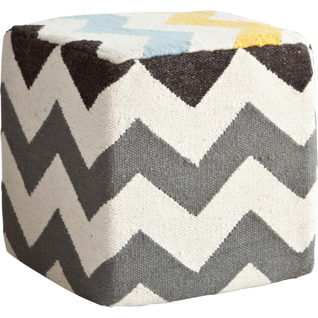 Ivory And Charcoal Wool Square Pouf With Zig Zag Pattern