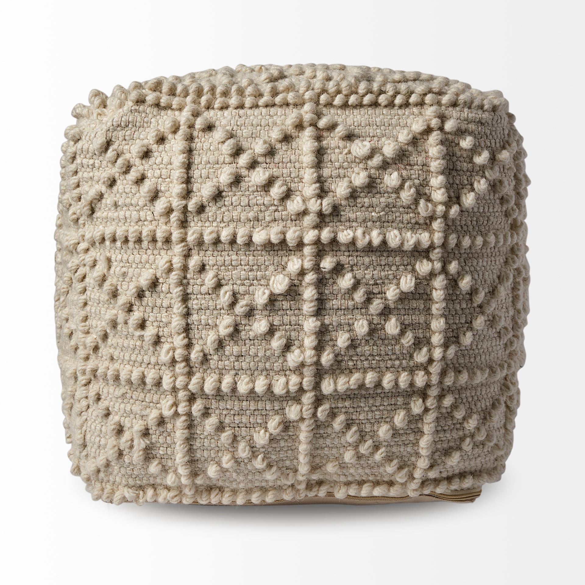 Ivory Wool Sqaure Pouf With Popcorn Detail