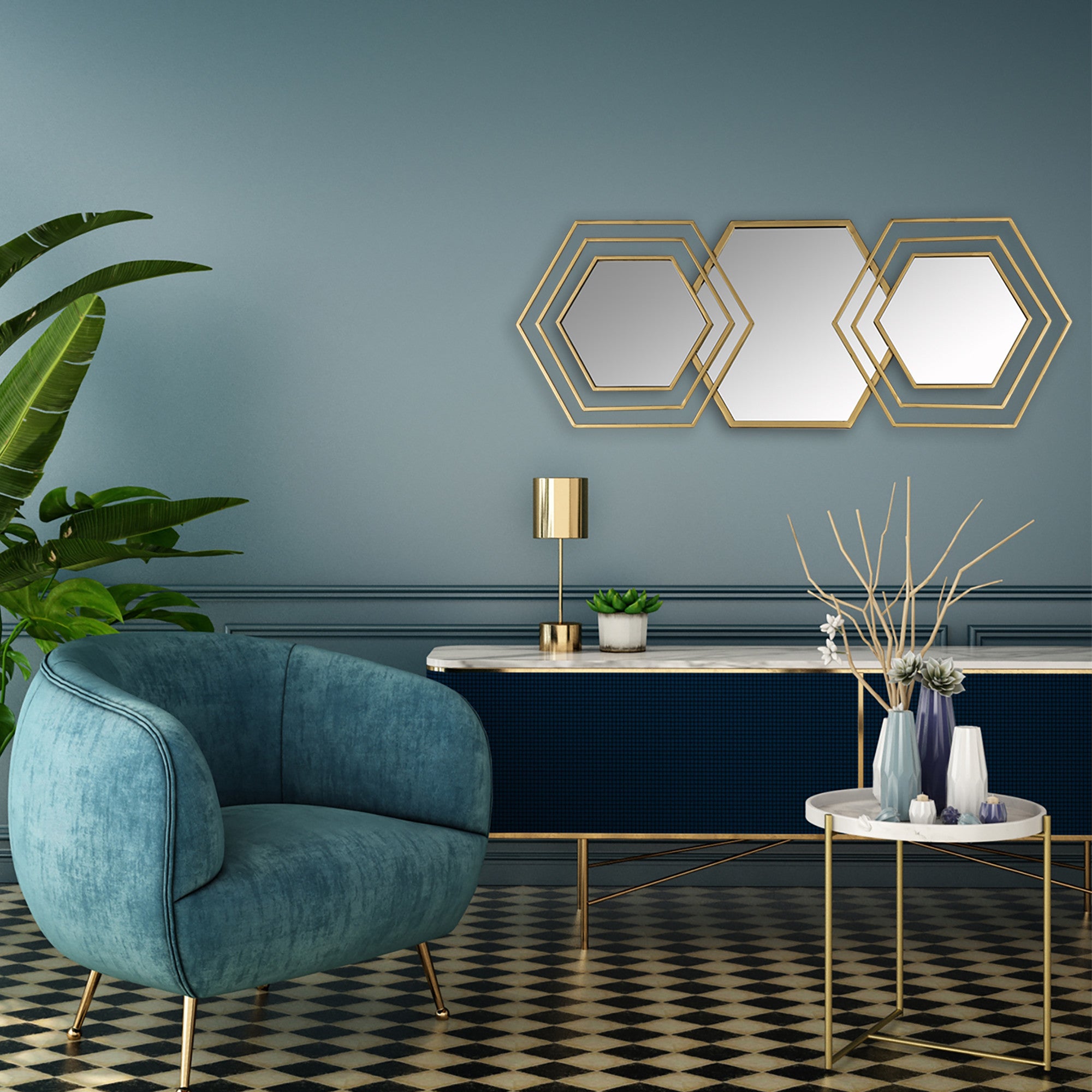 Gold Hexagon Accent Metal Mirror