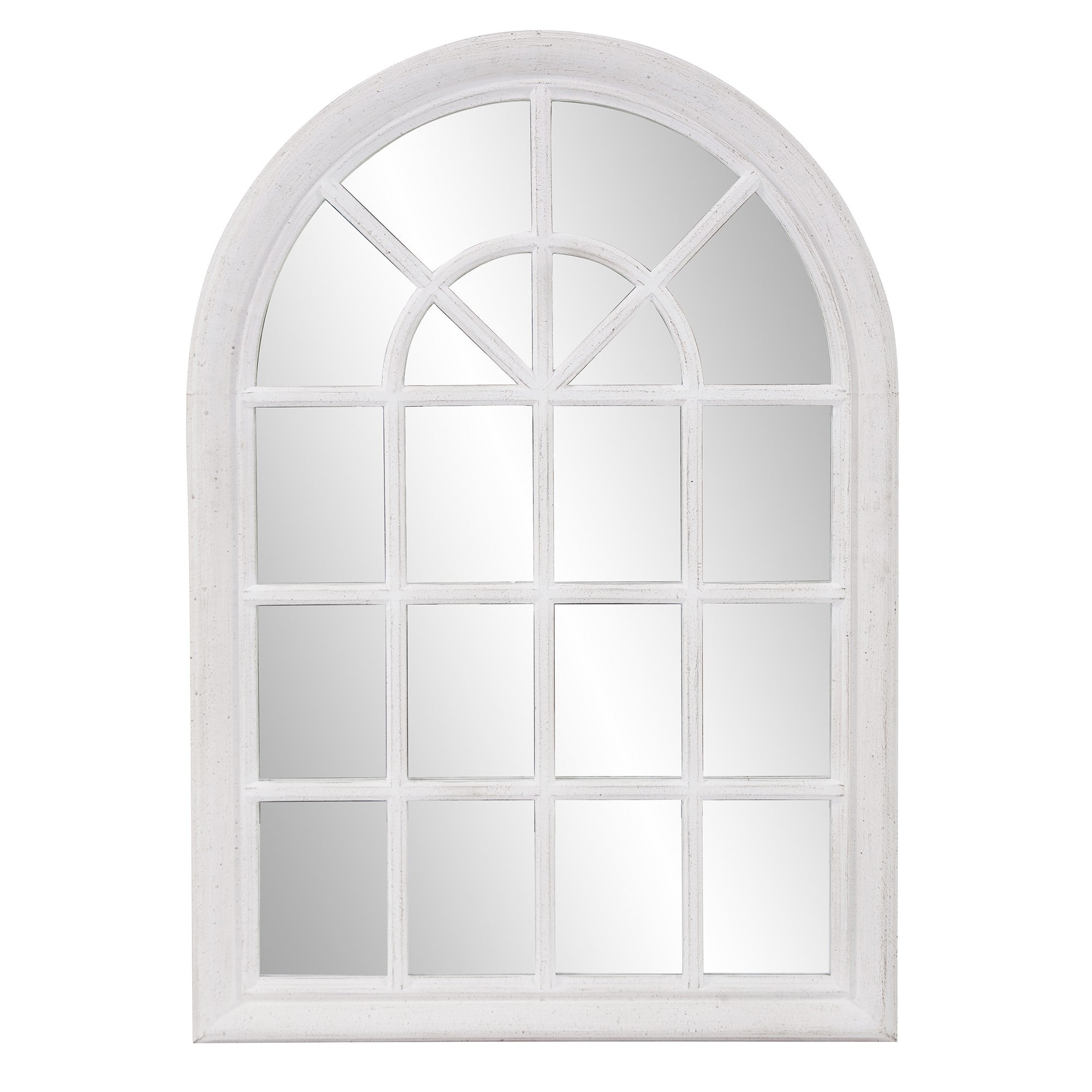 White Washed Mirror With Arched Panel Window Design