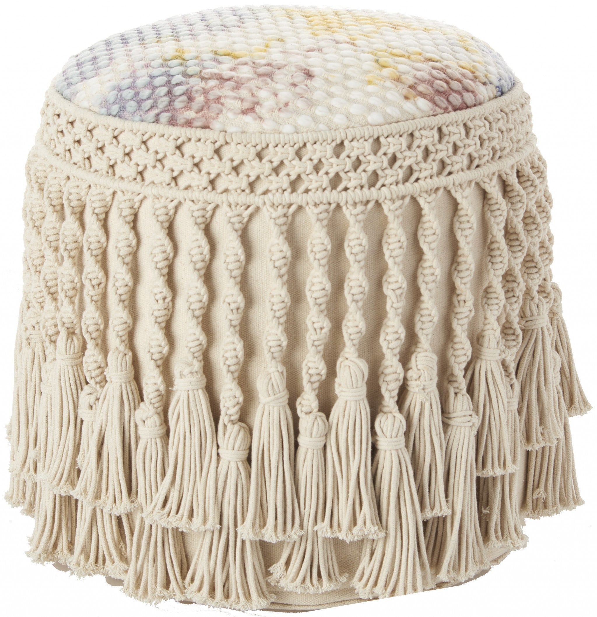 18" Ivory and Blue Cotton Round Abstract Pouf Ottoman