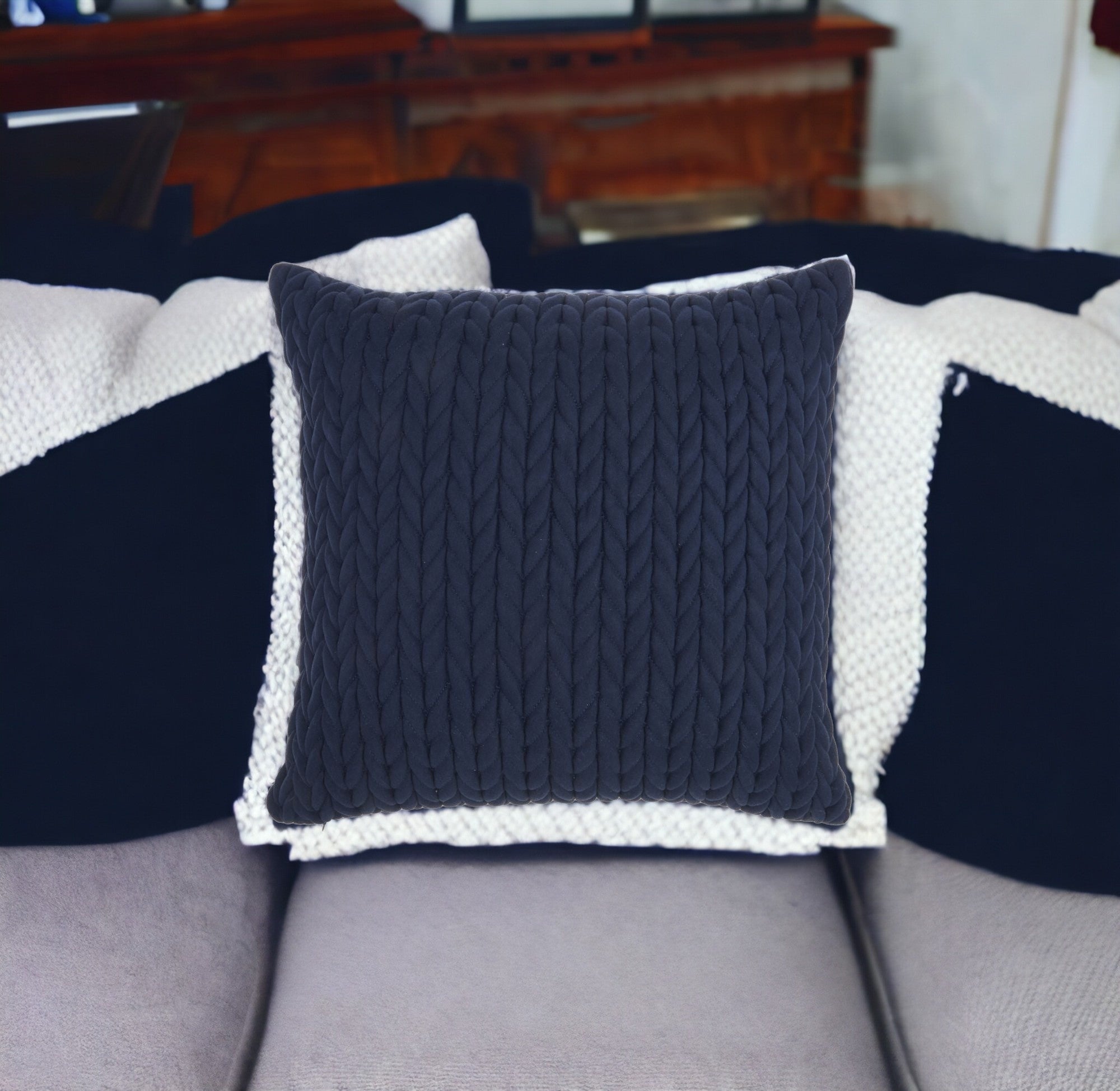 18" X 18" Navy Blue Braided Polyester Zippered Pillow