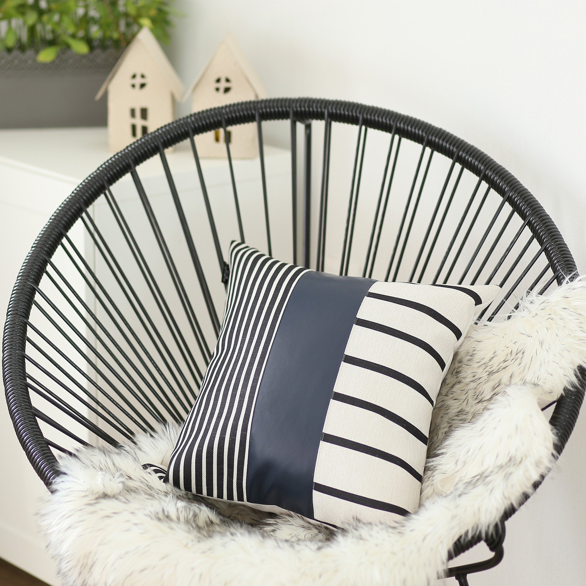 Traditional Navy Blue Faux Leather And Monochromatic Stripes Lumbar Pillow Cover