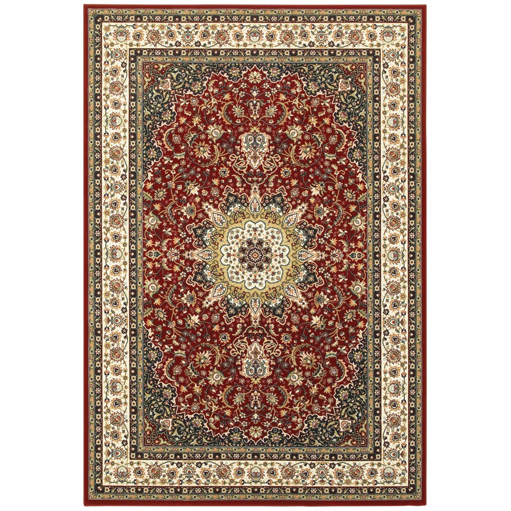 5' X 8' Red Ivory Machine Woven Oriental Indoor Area Rug