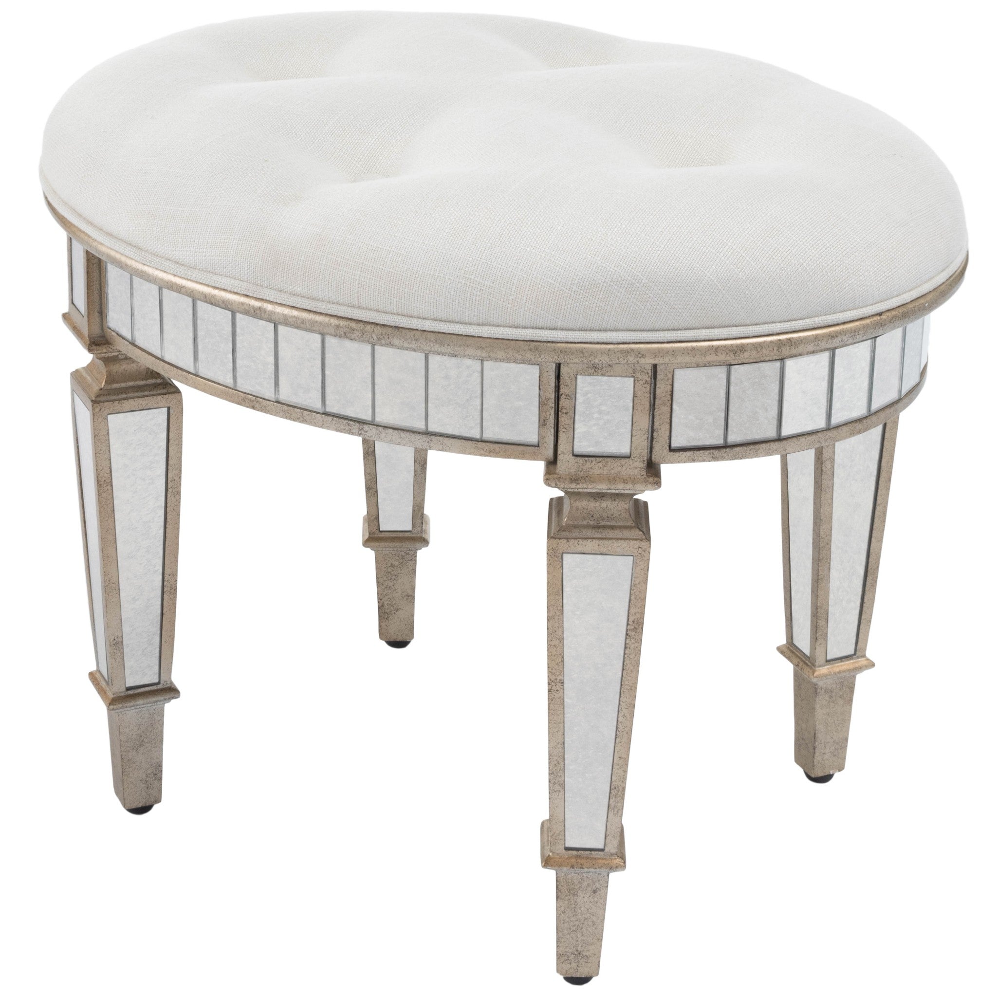 24" Cream Linen And Silver Metallic Round Ottoman