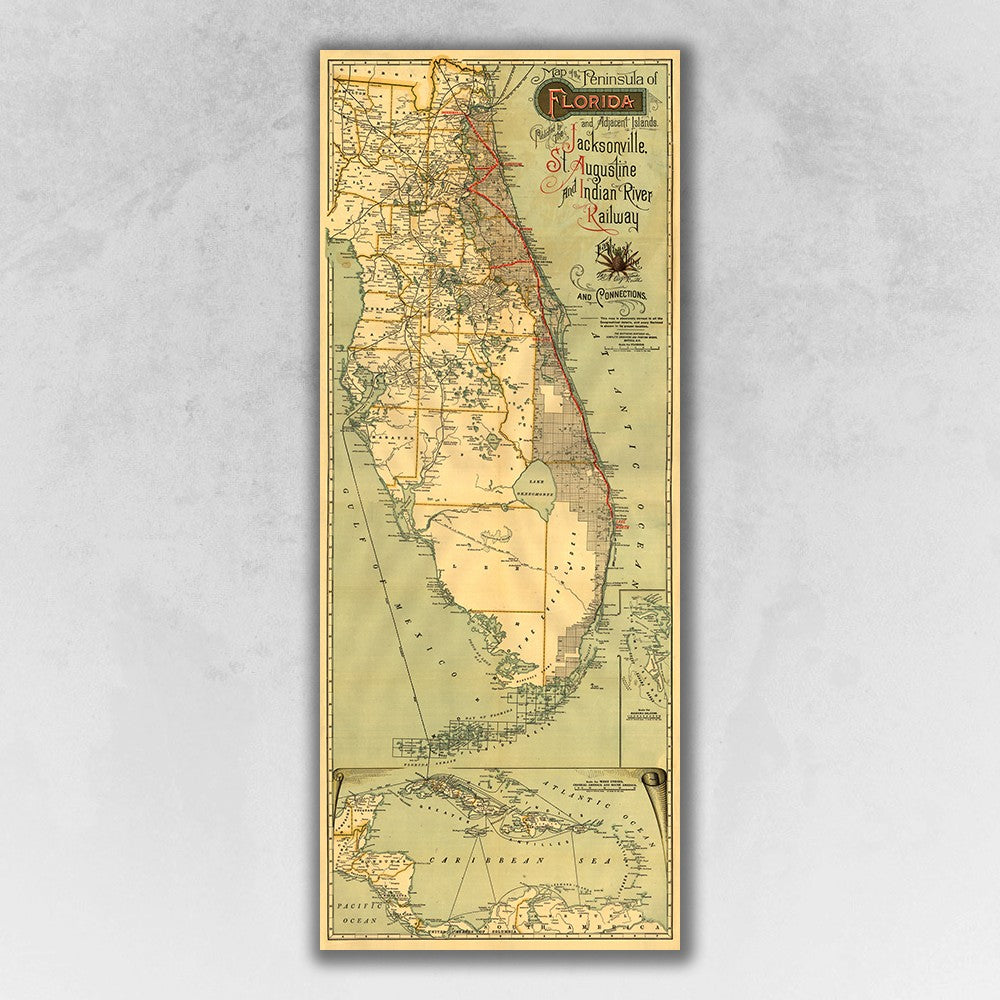 16" X 36" Map Of Jacksonville Florida Vintage Poster Wall Art