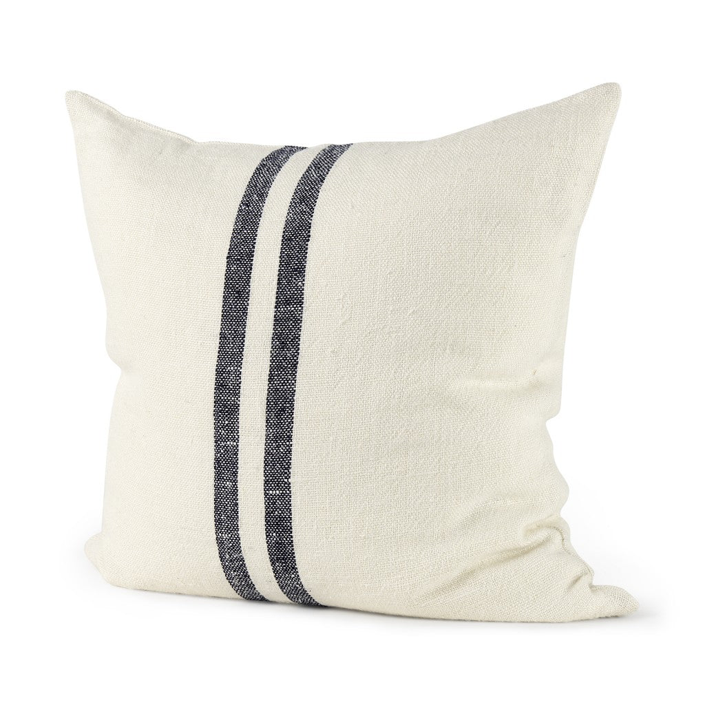 22" Beige And Central Blue Stripes Square Accent Pillow Cover