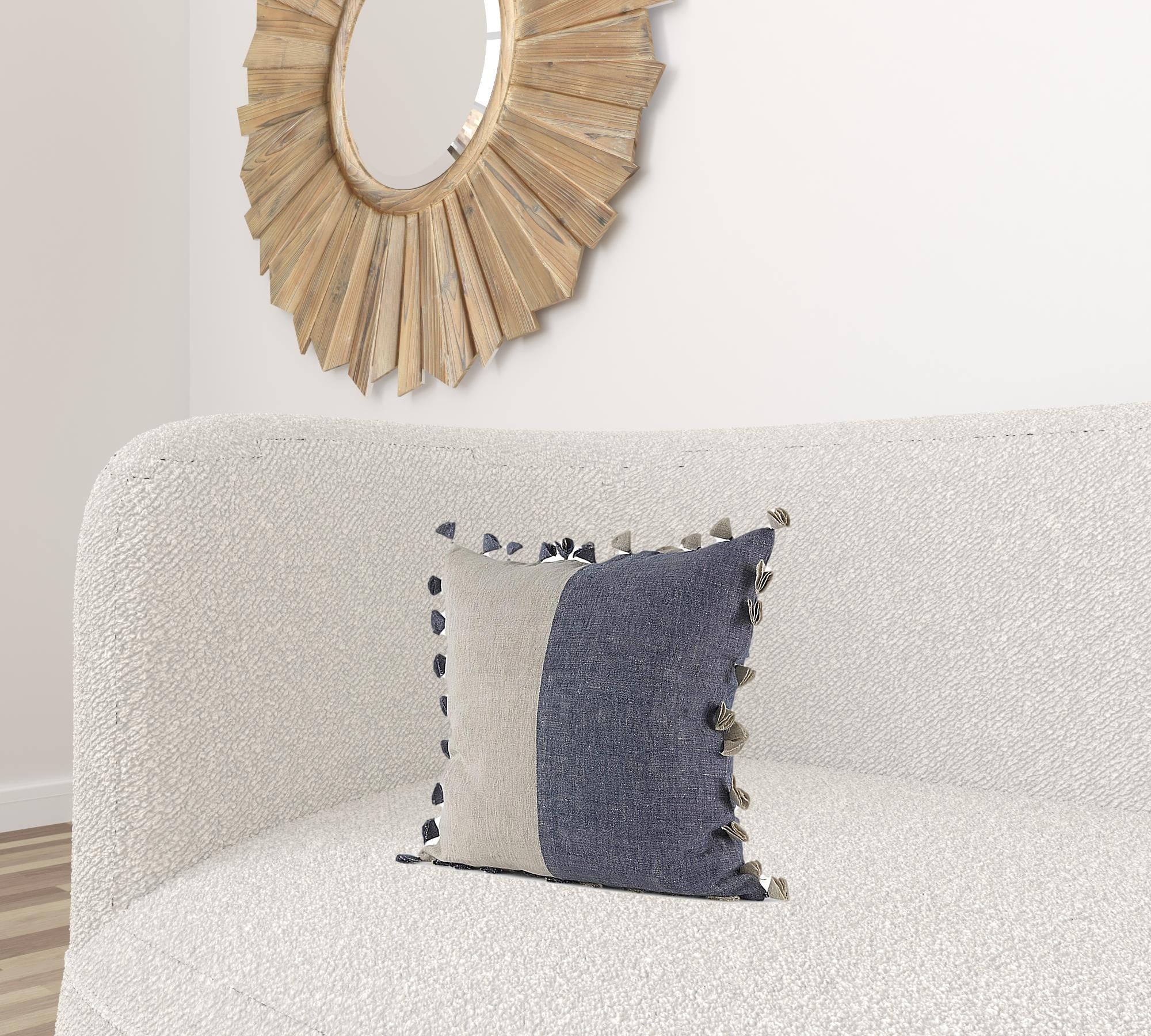 Denim Blue And Canvas Tassle Square Accent Pillow Cover