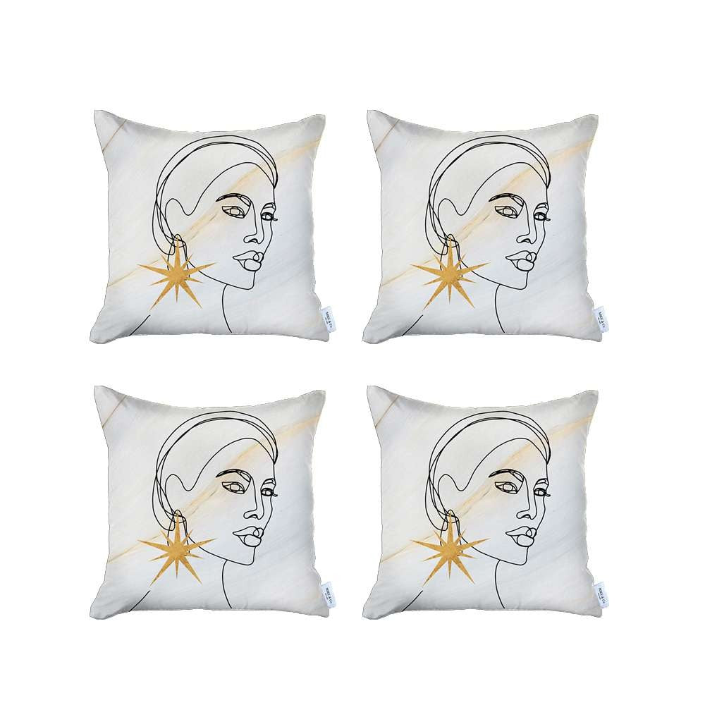 Set Of 4 White Printed Art Pillow Covers