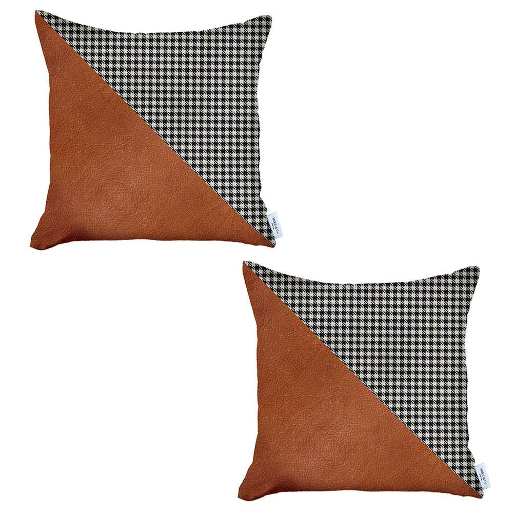 Set Of 2 Houndstooth Brown Faux Leather Pillow Covers