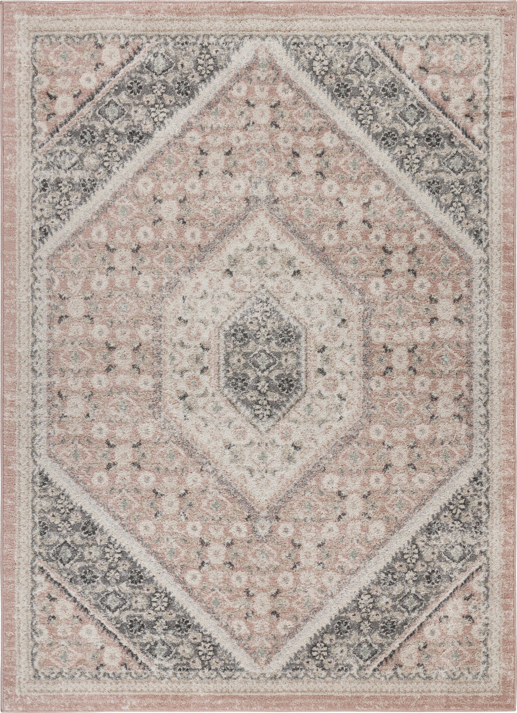 5’ x 7’ Gray and Soft Pink Traditional Area Rug