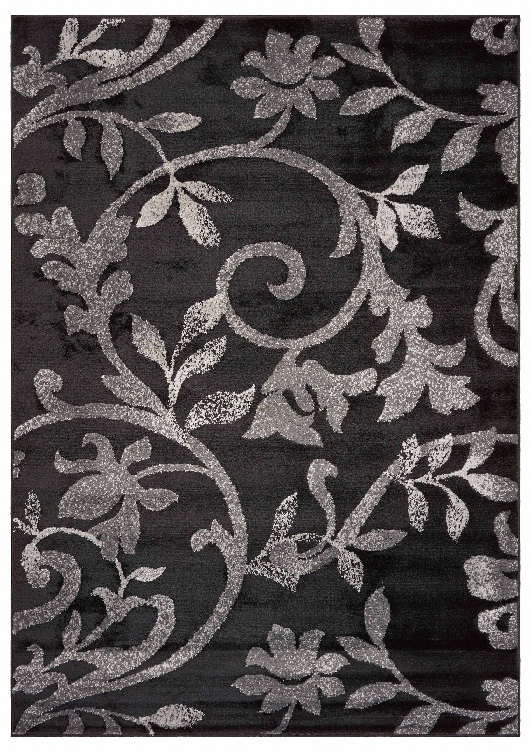 5' x 7' Black Gray and White Floral Vines Area Rug