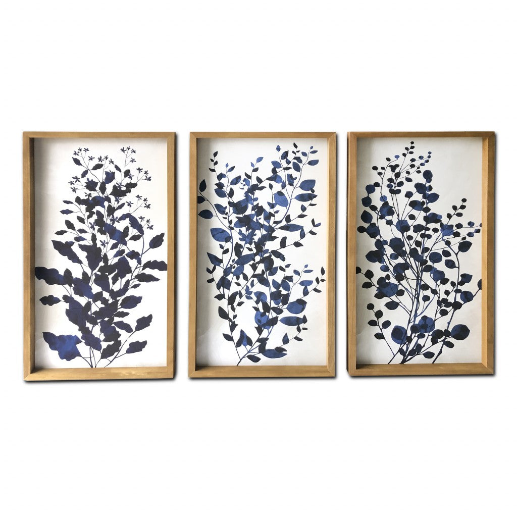 Set of Three Blue Branches Framed Canvas Wall Art