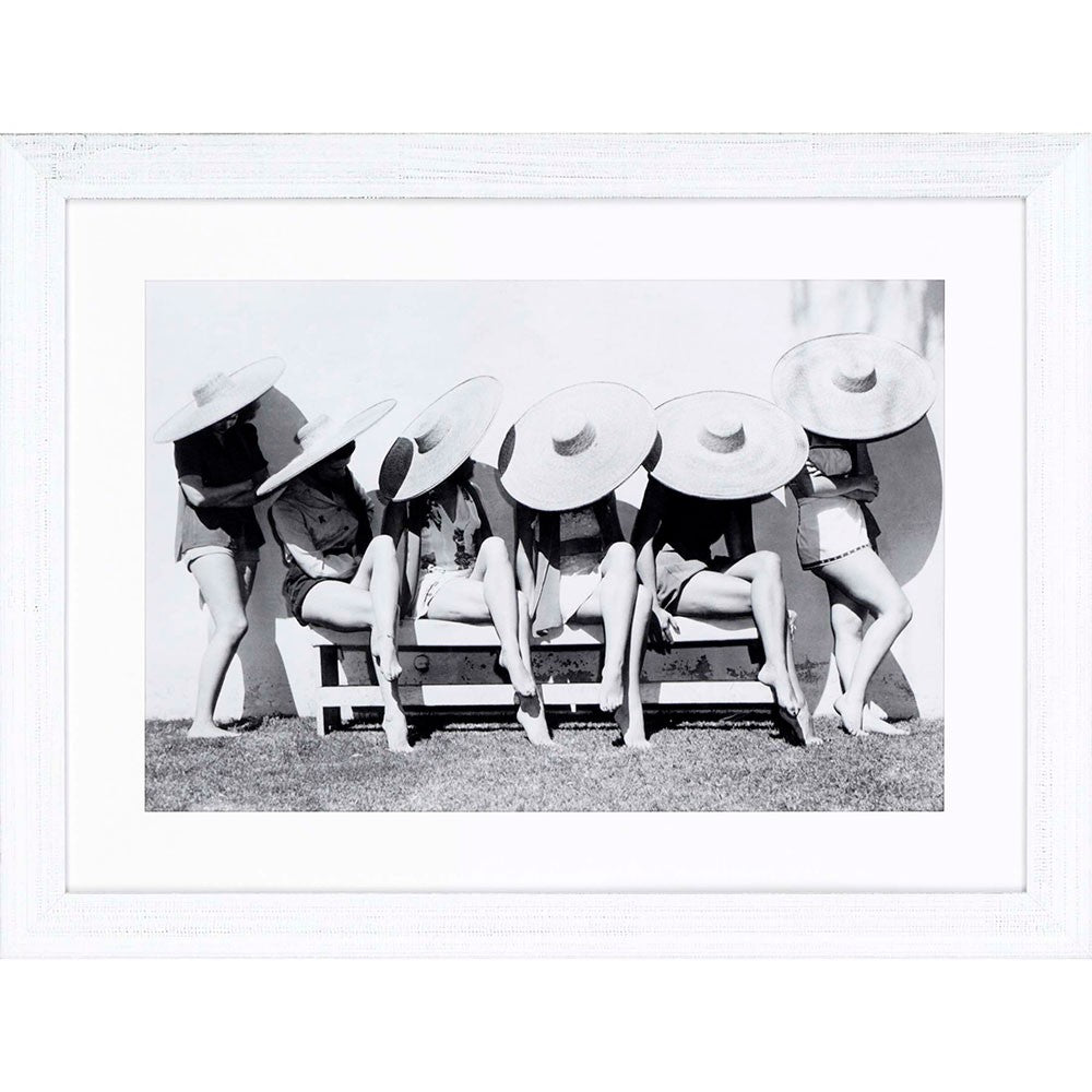 Black and White Vintage Beach Beauties with Hats Framed Print Wall Art