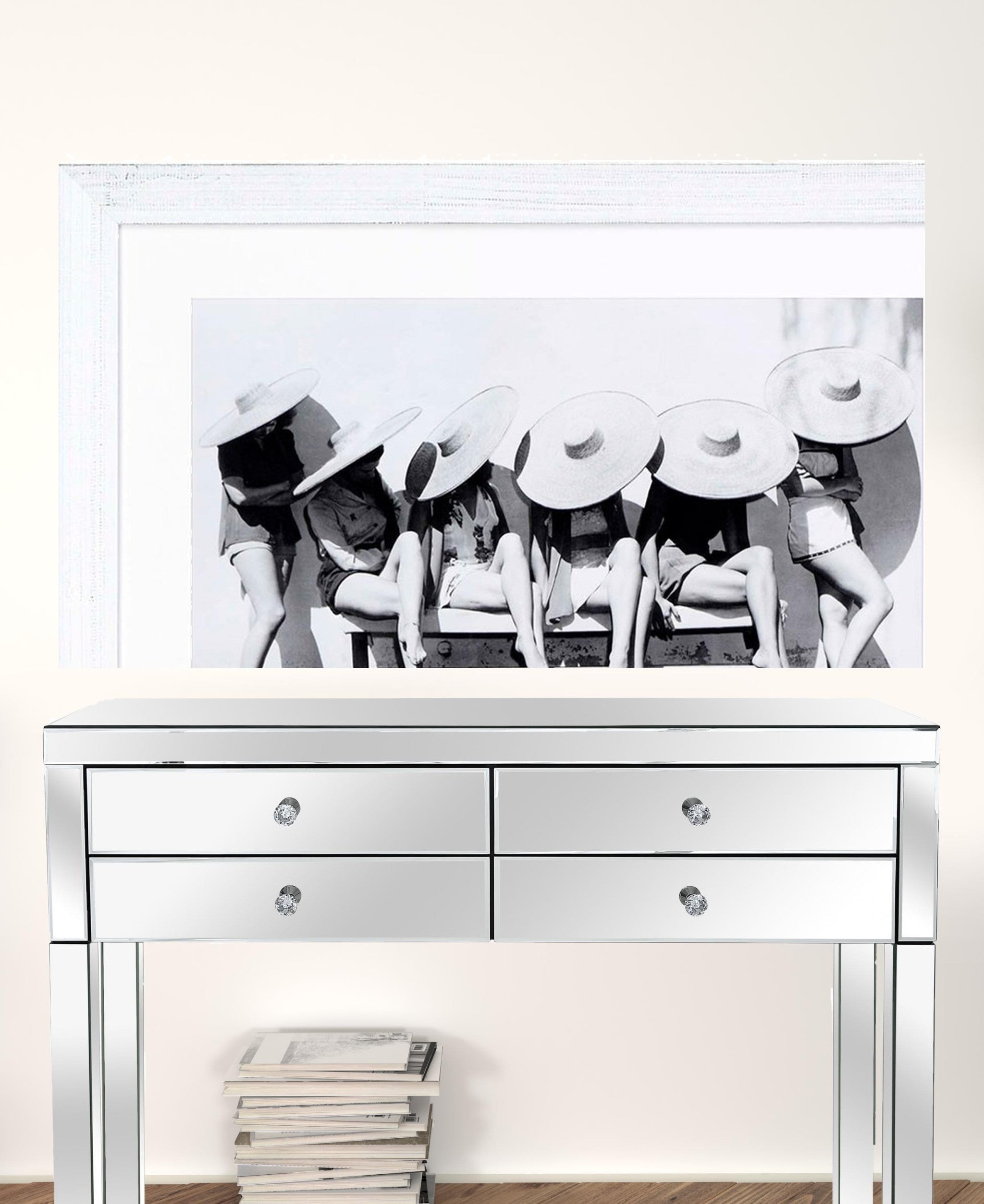 Black and White Vintage Beach Beauties with Hats Framed Print Wall Art