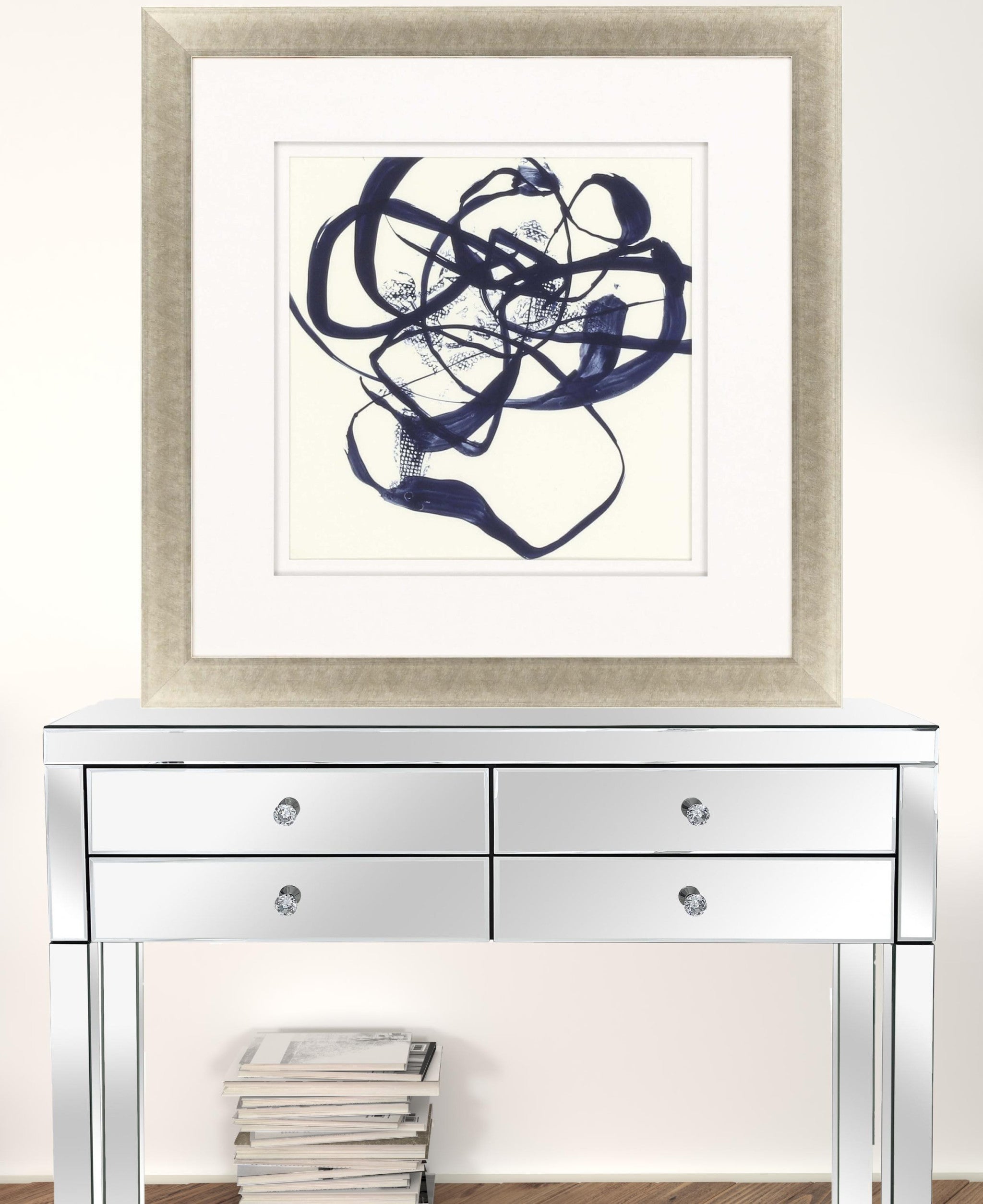 Indigo Abstract Ribbons Gold Picture Frame Print Wall Art