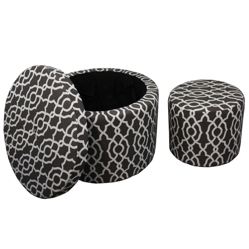 23" Black And White Polyester Blend Round Geometric Footstool Ottoman