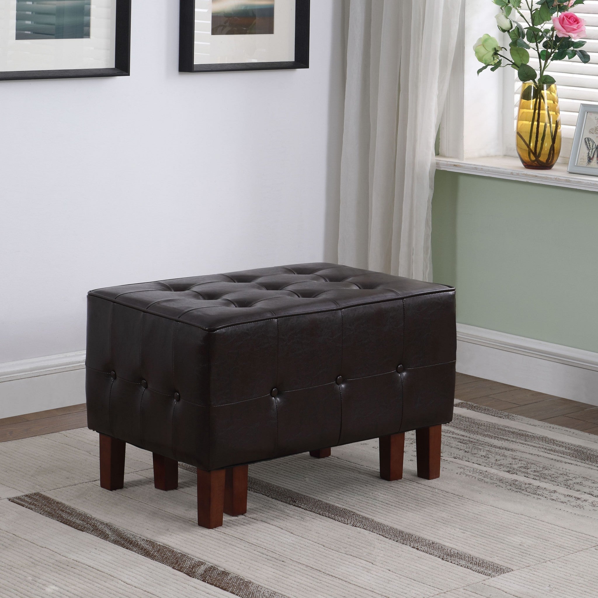 20" Black Faux Leather And Dark Brown Tufted Cocktail Ottoman