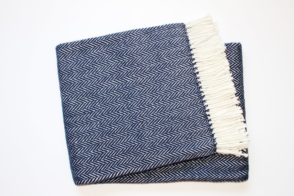 Navy Blue and White Dreamy Soft Herringbone Throw Blanket