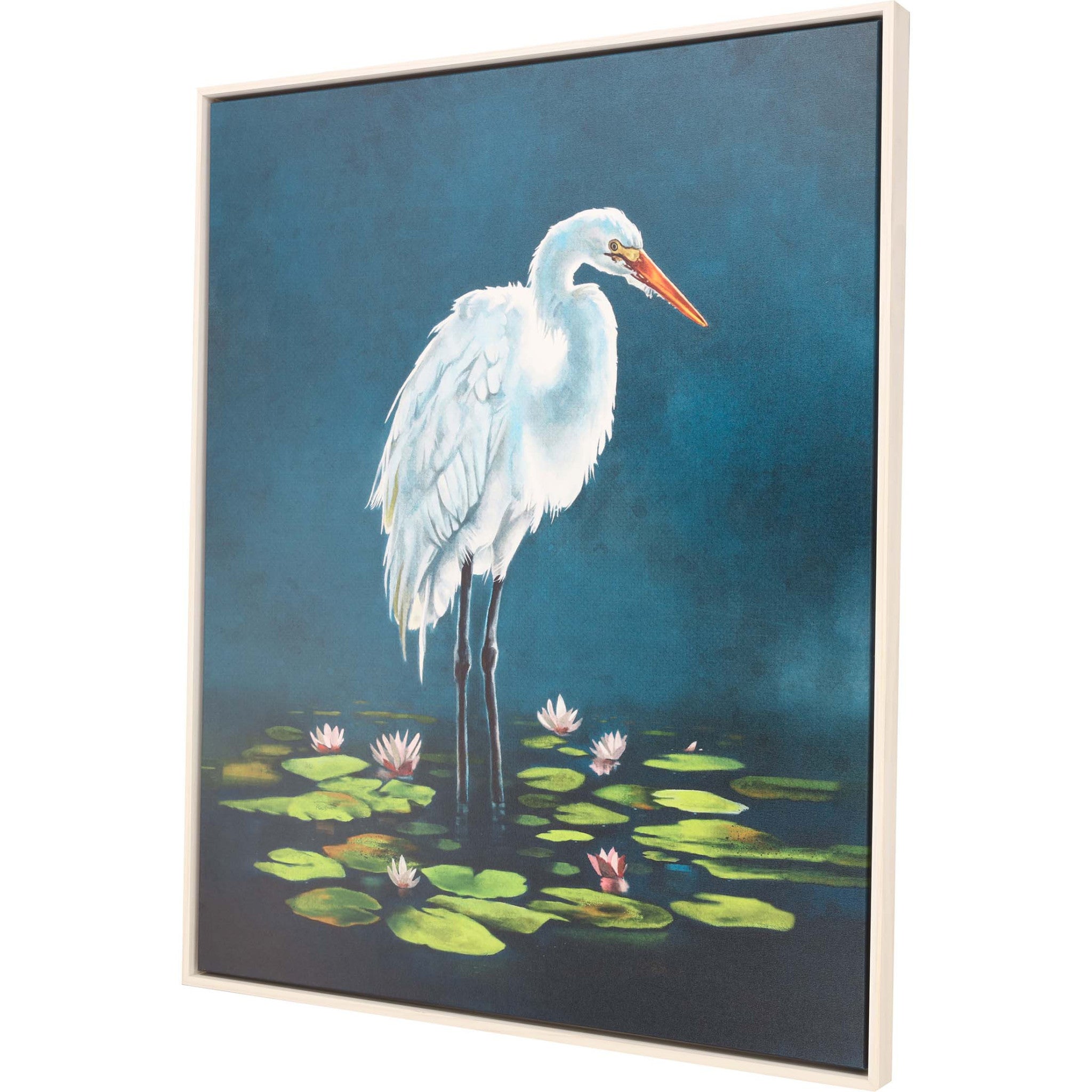 Egret In Lily Pads Canvas Silver Floater Frame Print Wall Art